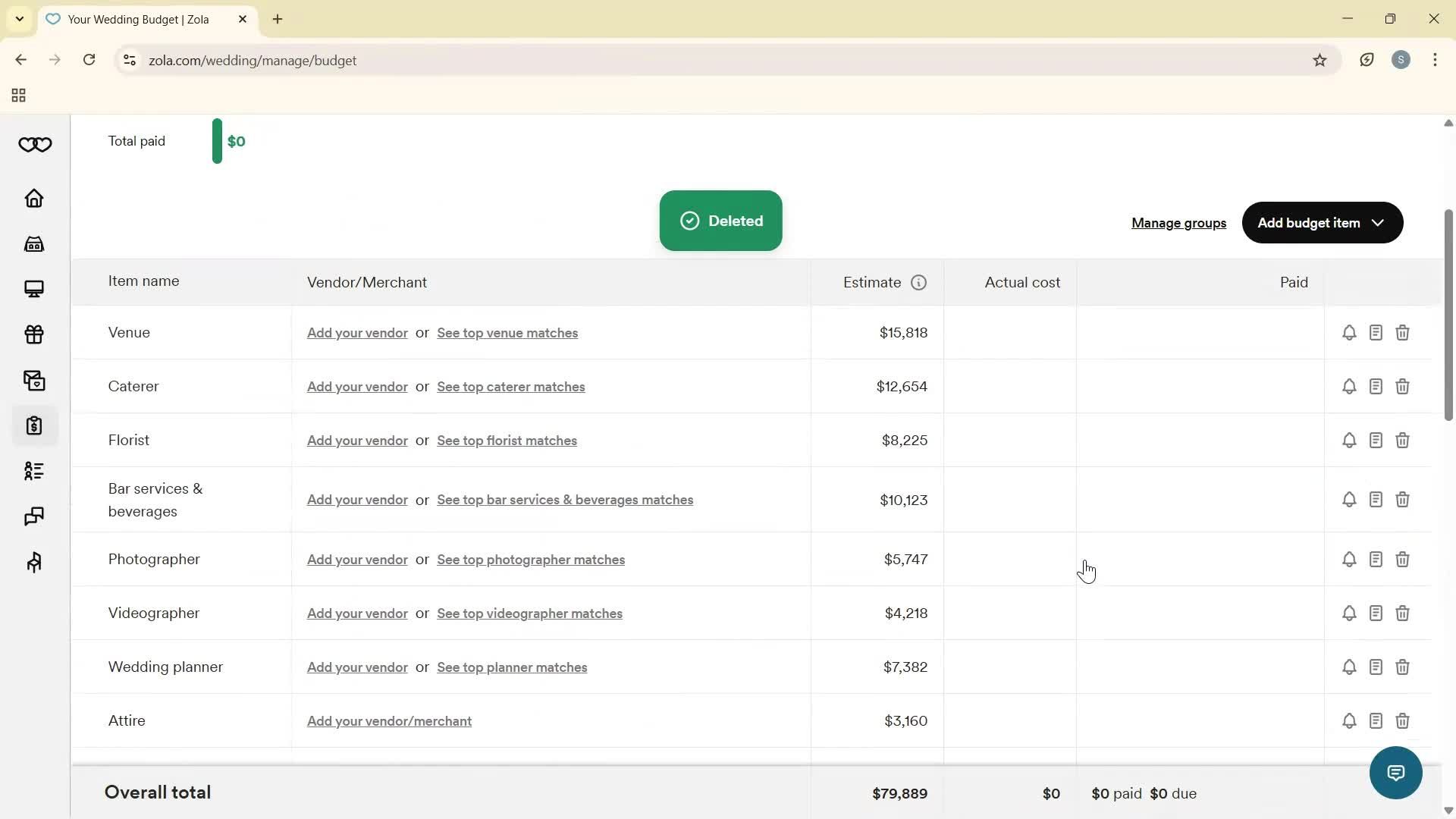 Creating a budget screenshot