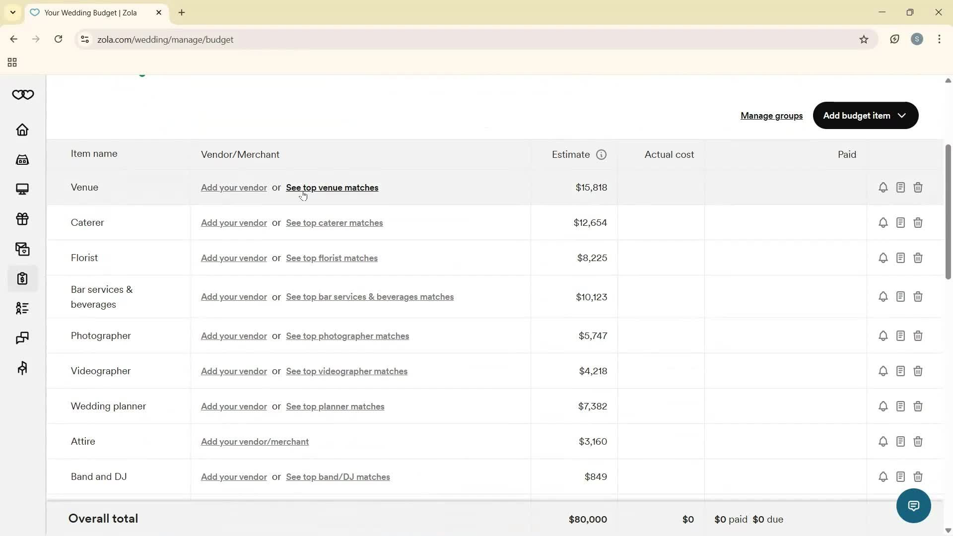 Creating a budget screenshot