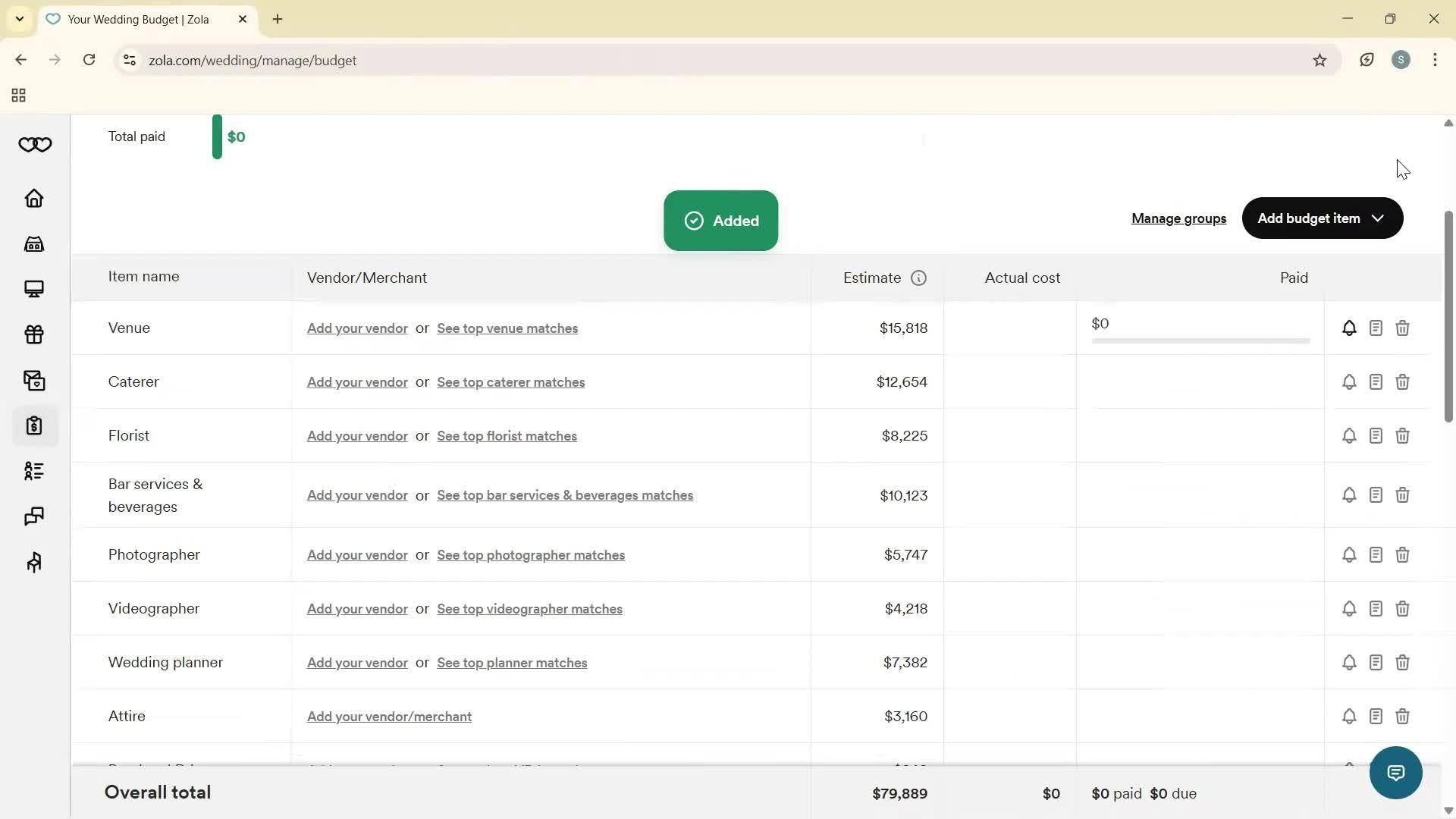 Creating a budget screenshot
