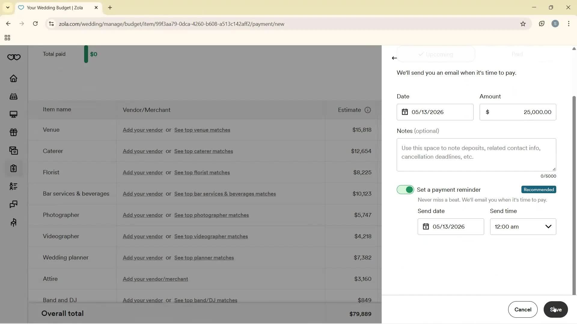 Creating a budget screenshot