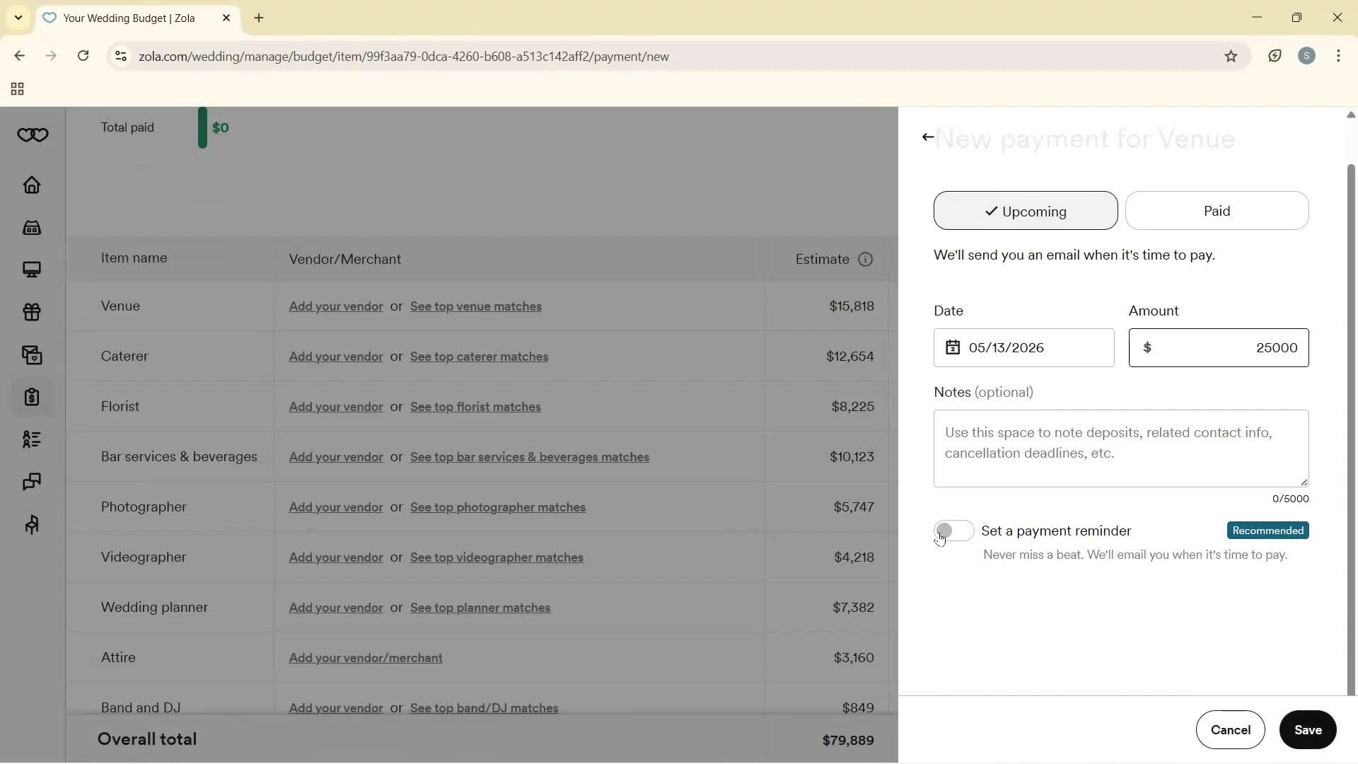 Creating a budget screenshot