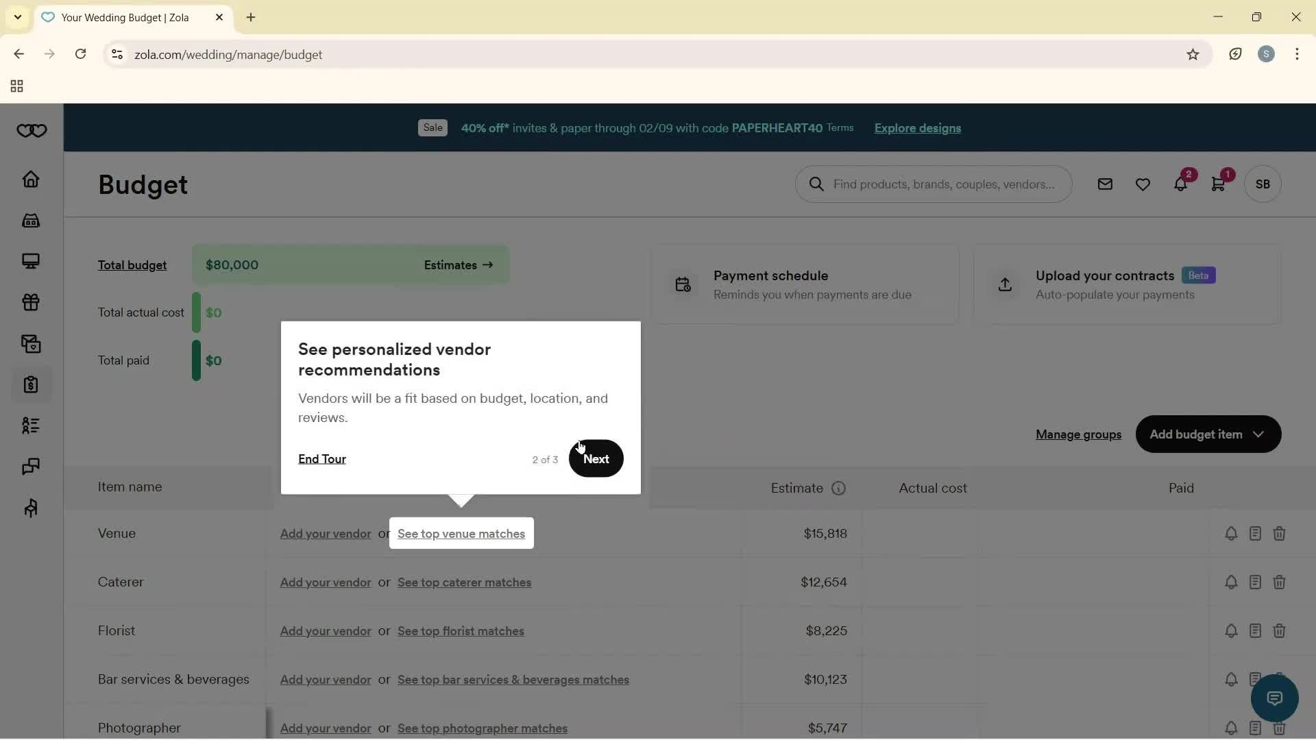 Creating a budget screenshot