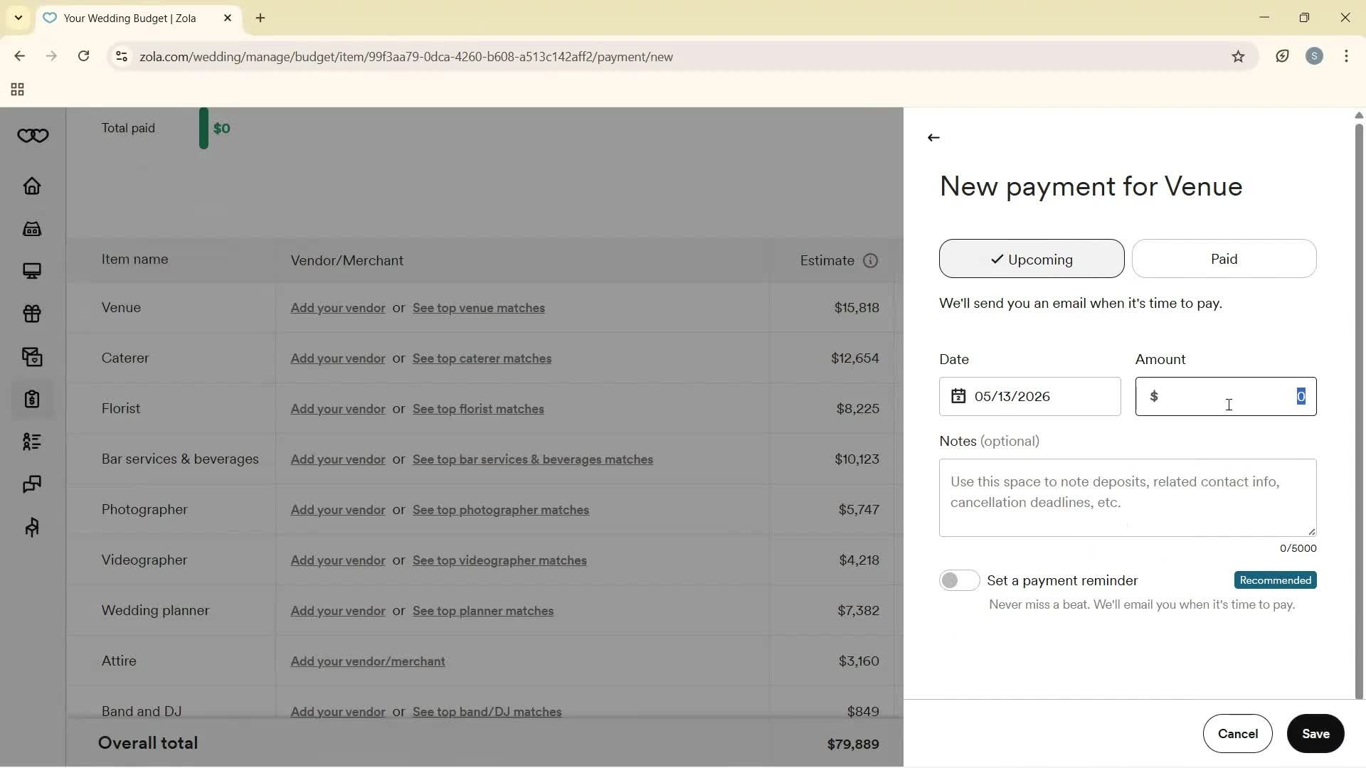 Creating a budget screenshot