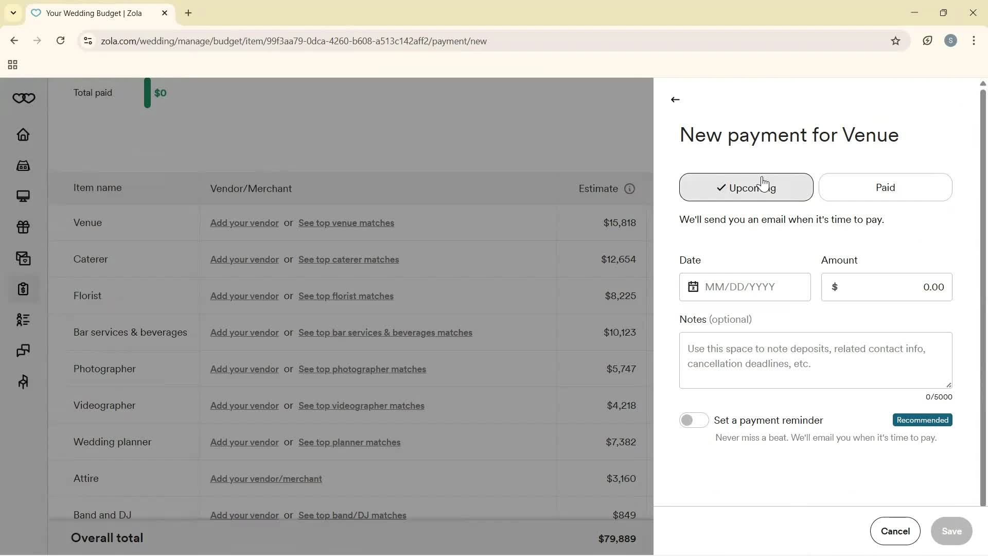 Creating a budget screenshot