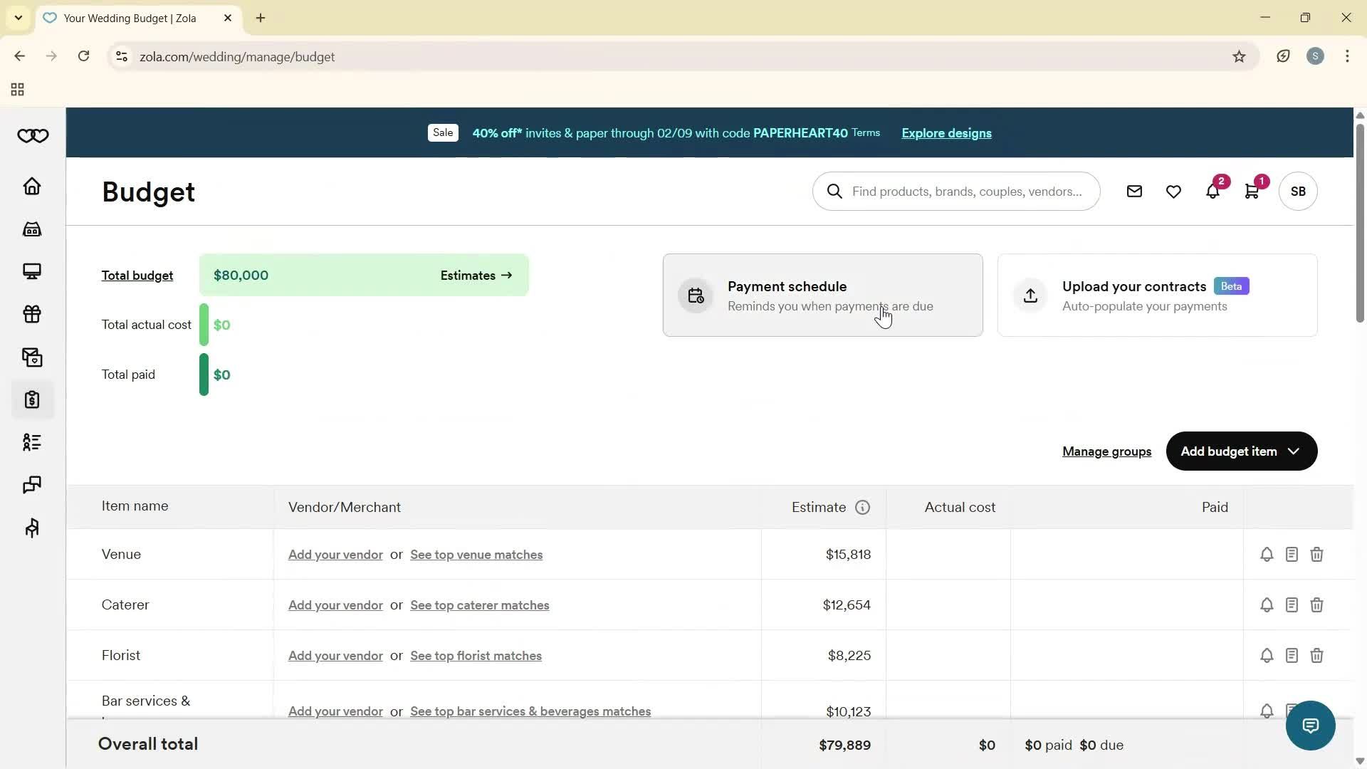 Creating a budget screenshot