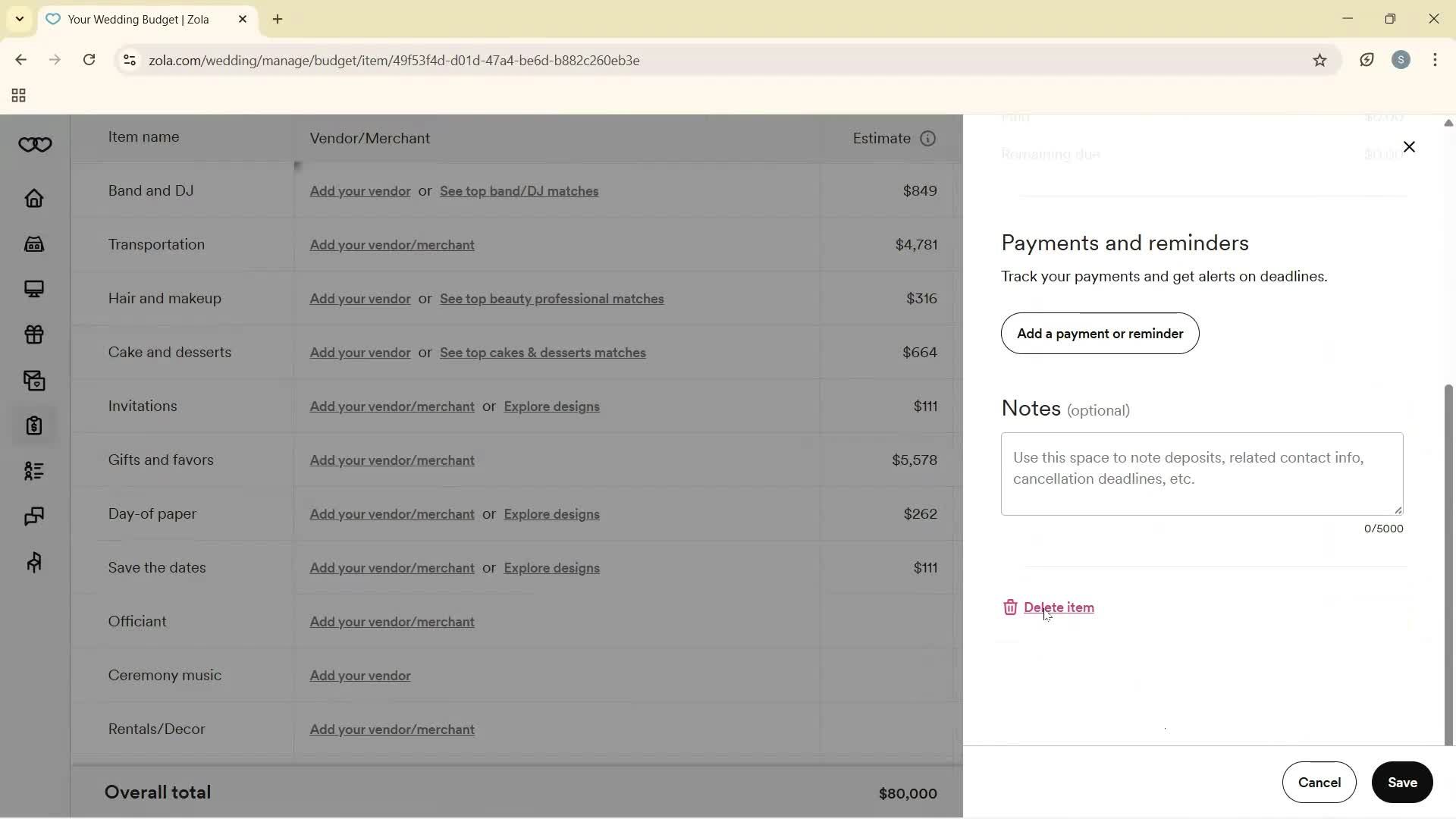 Creating a budget screenshot