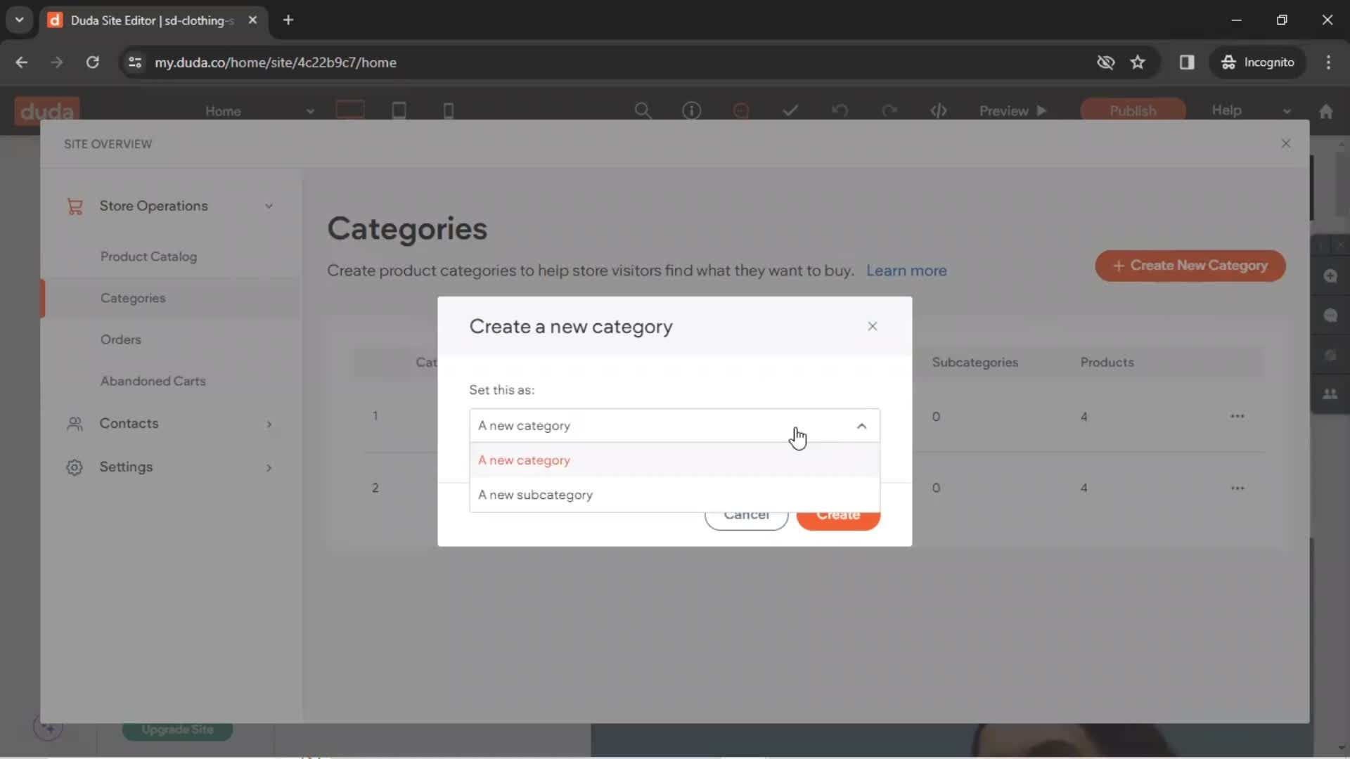 Adding categories screenshot