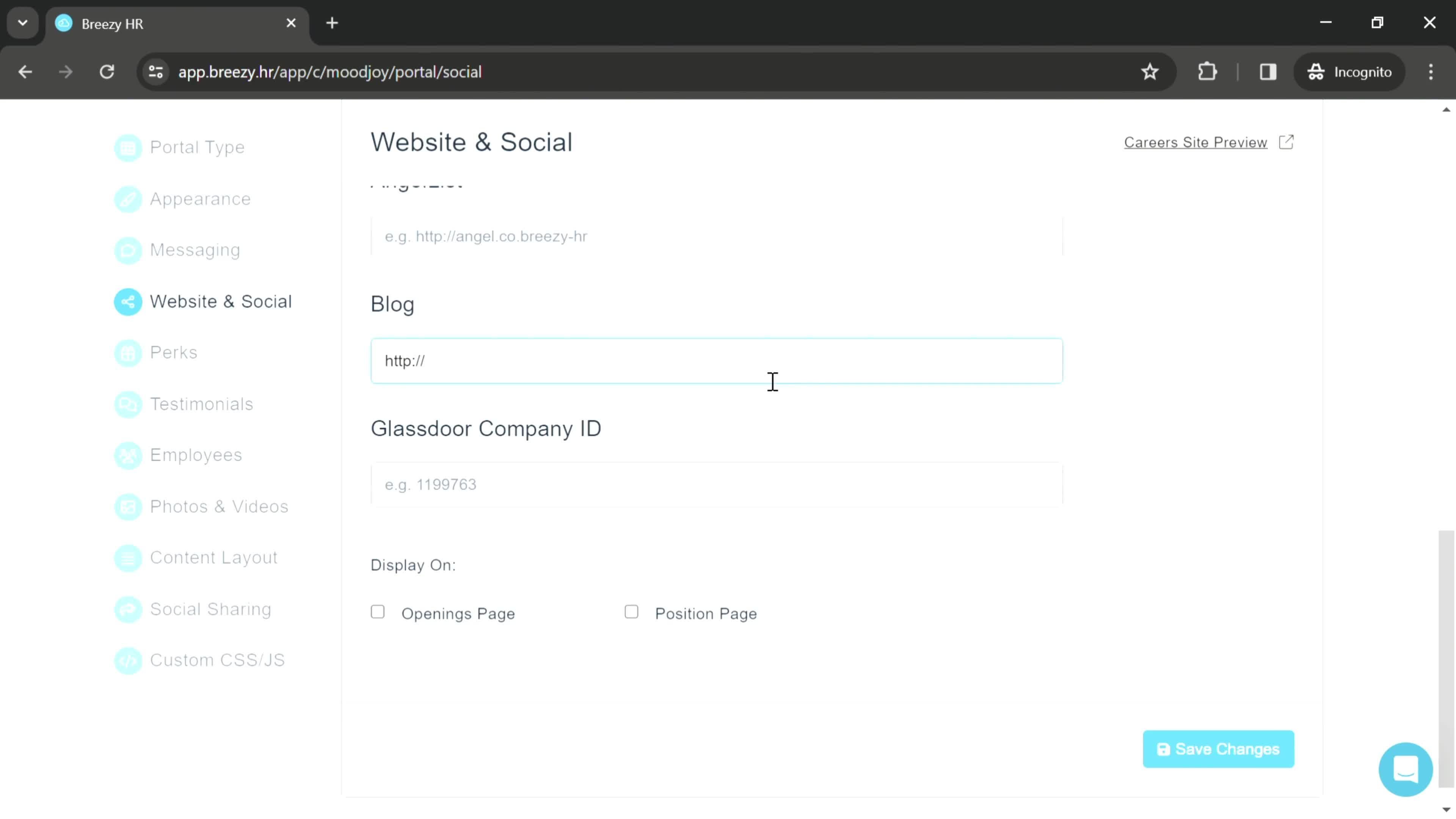 Adding company websites screenshot