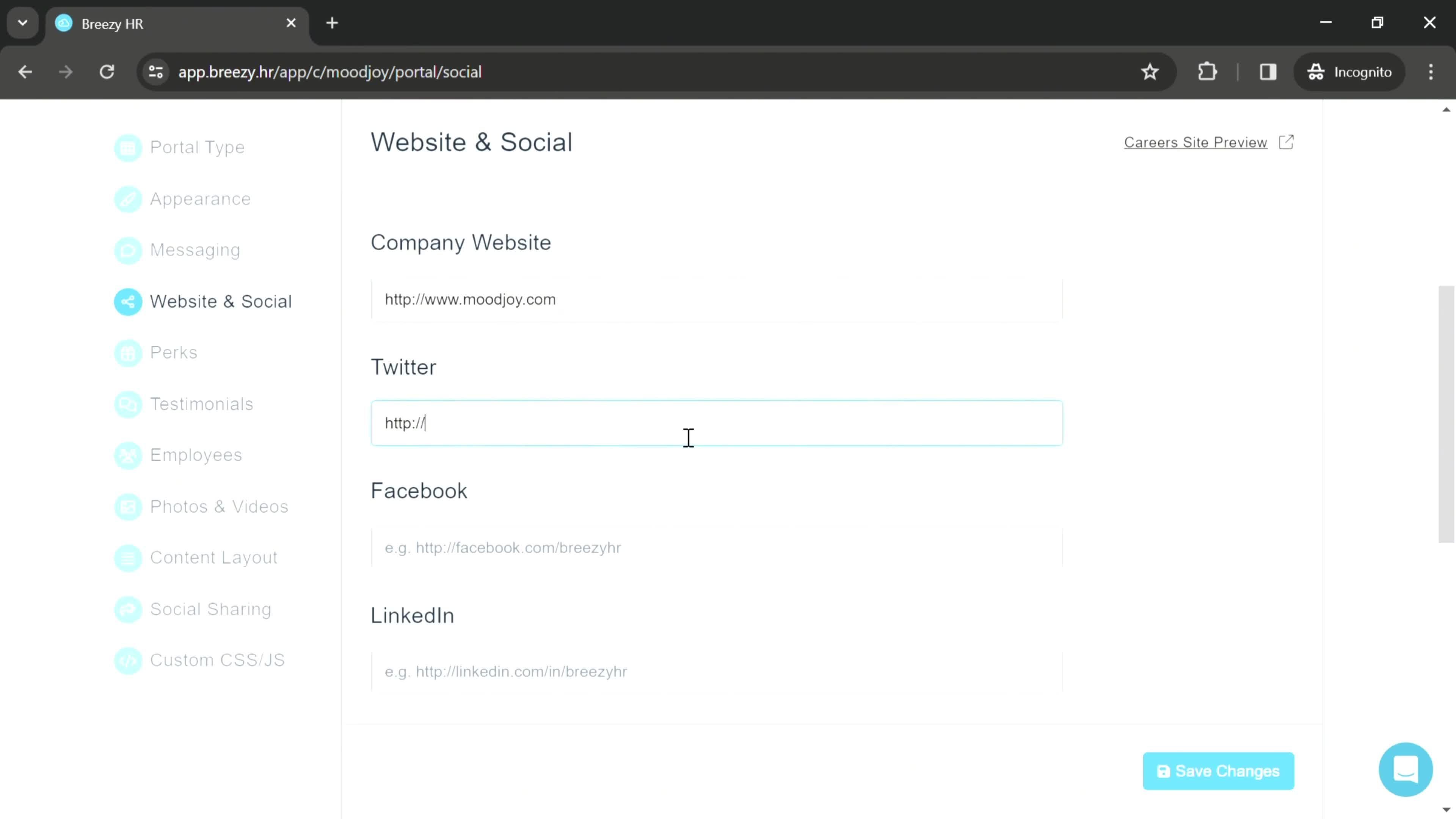 Adding company websites screenshot