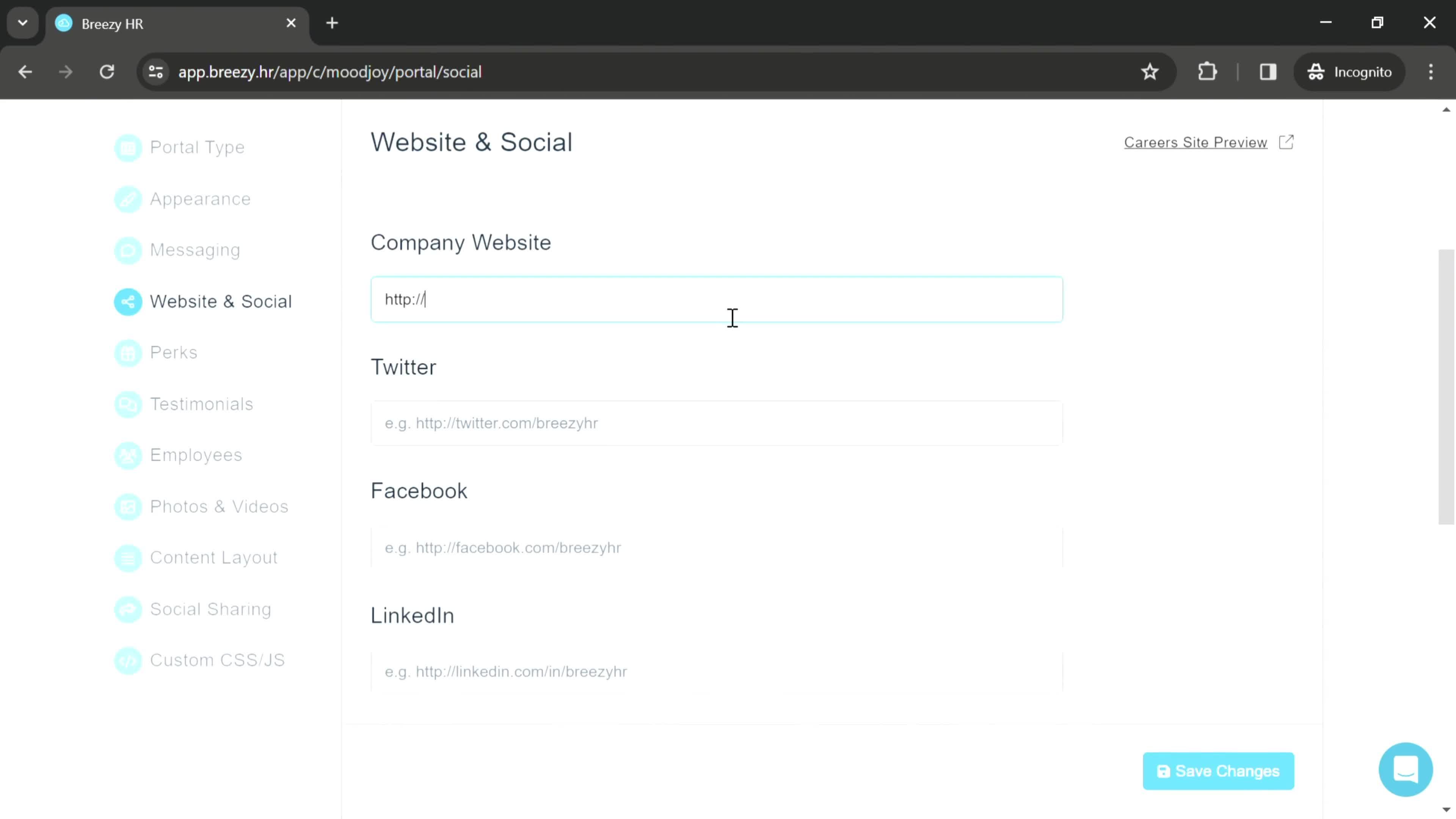 Adding company websites screenshot