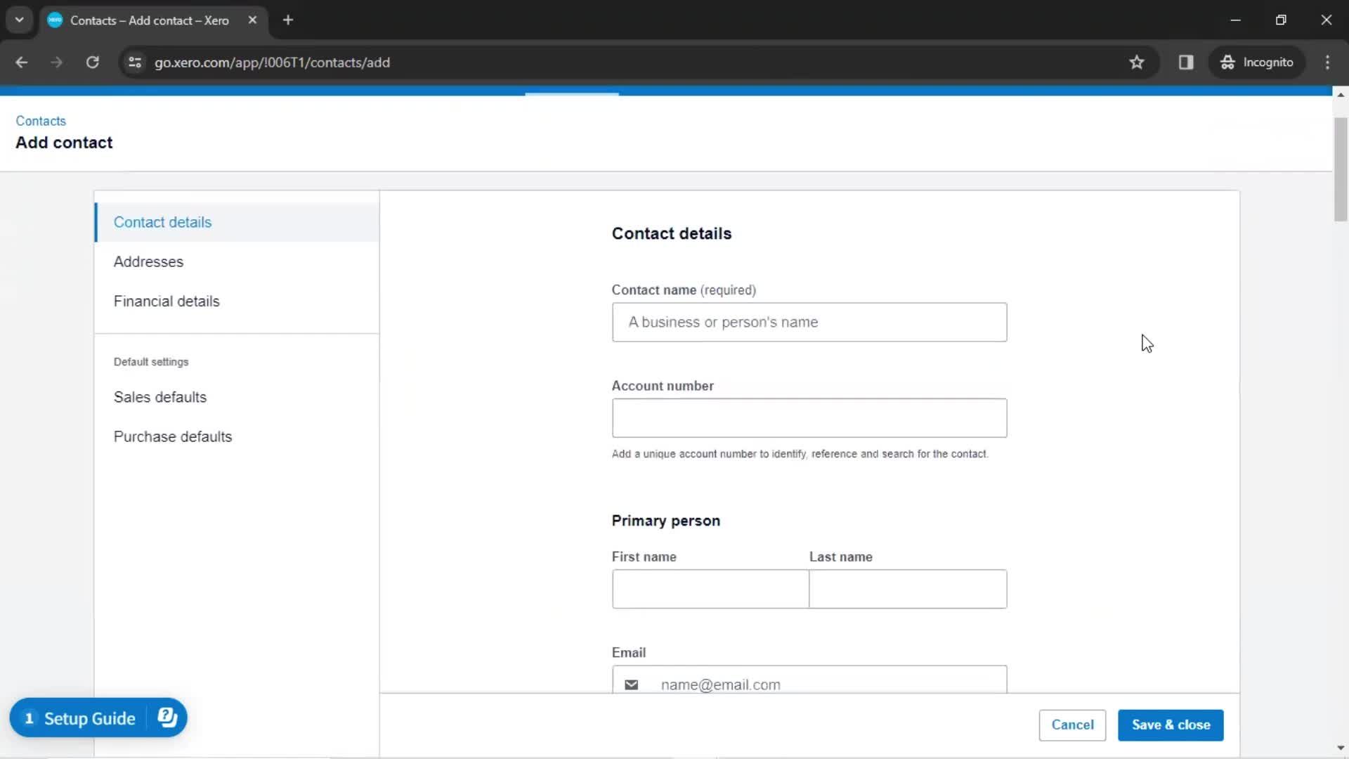 Creating new contact screenshot