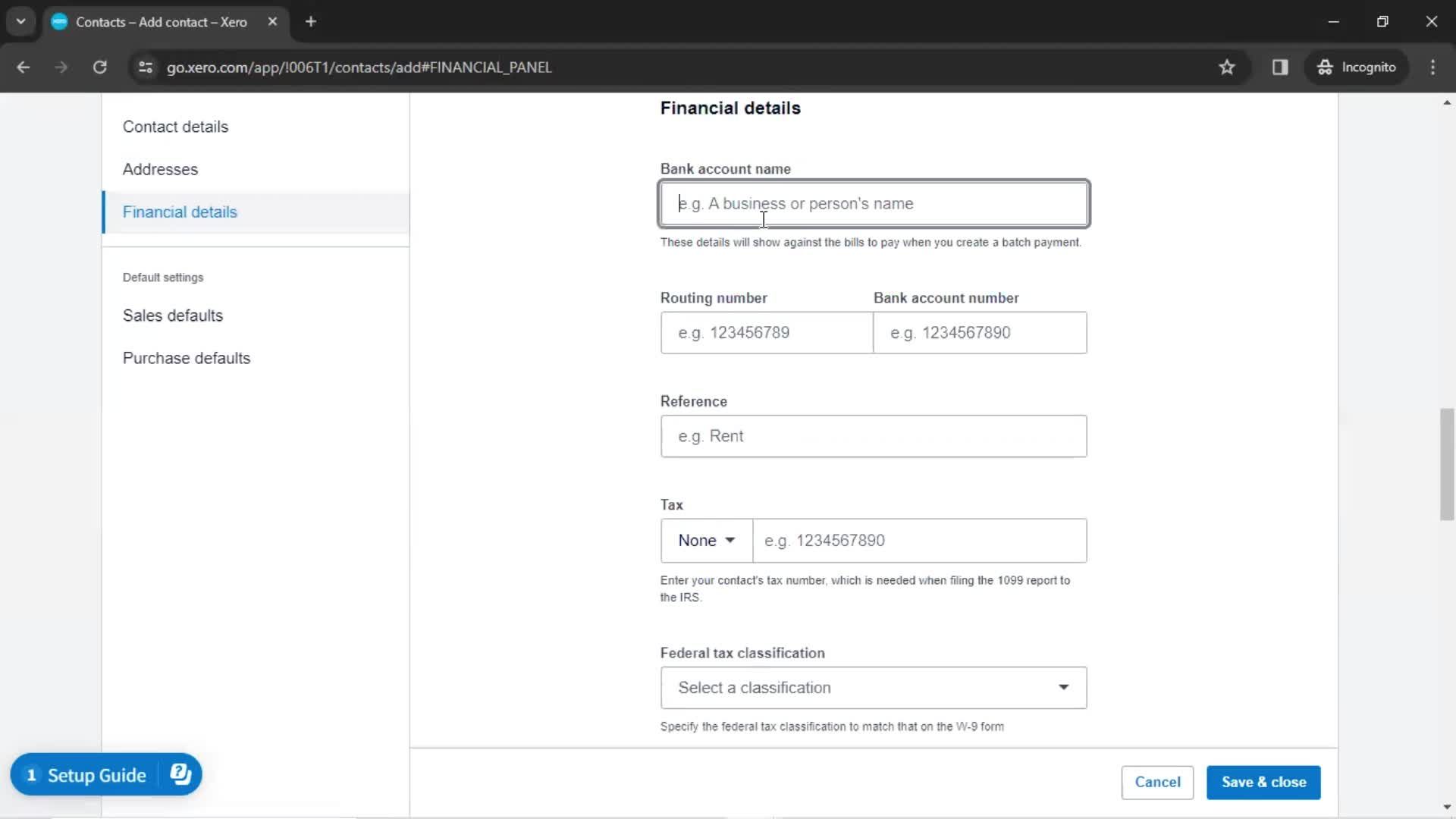 Creating new contact screenshot