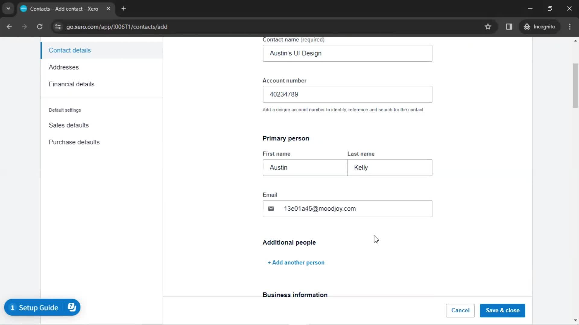 Creating new contact screenshot