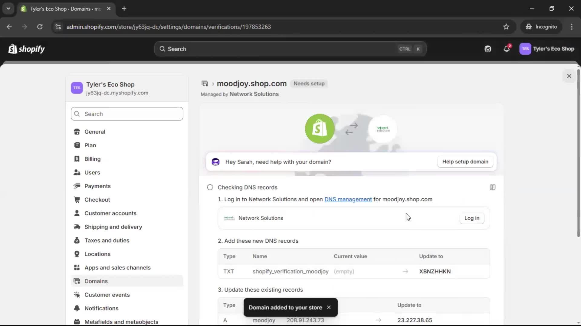 Adding a custom domain screenshot