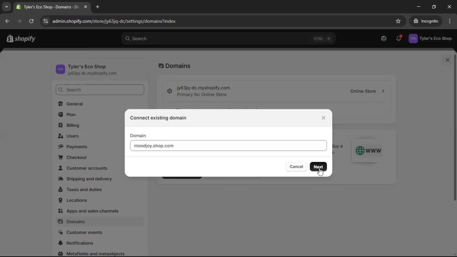 Adding a custom domain screenshot
