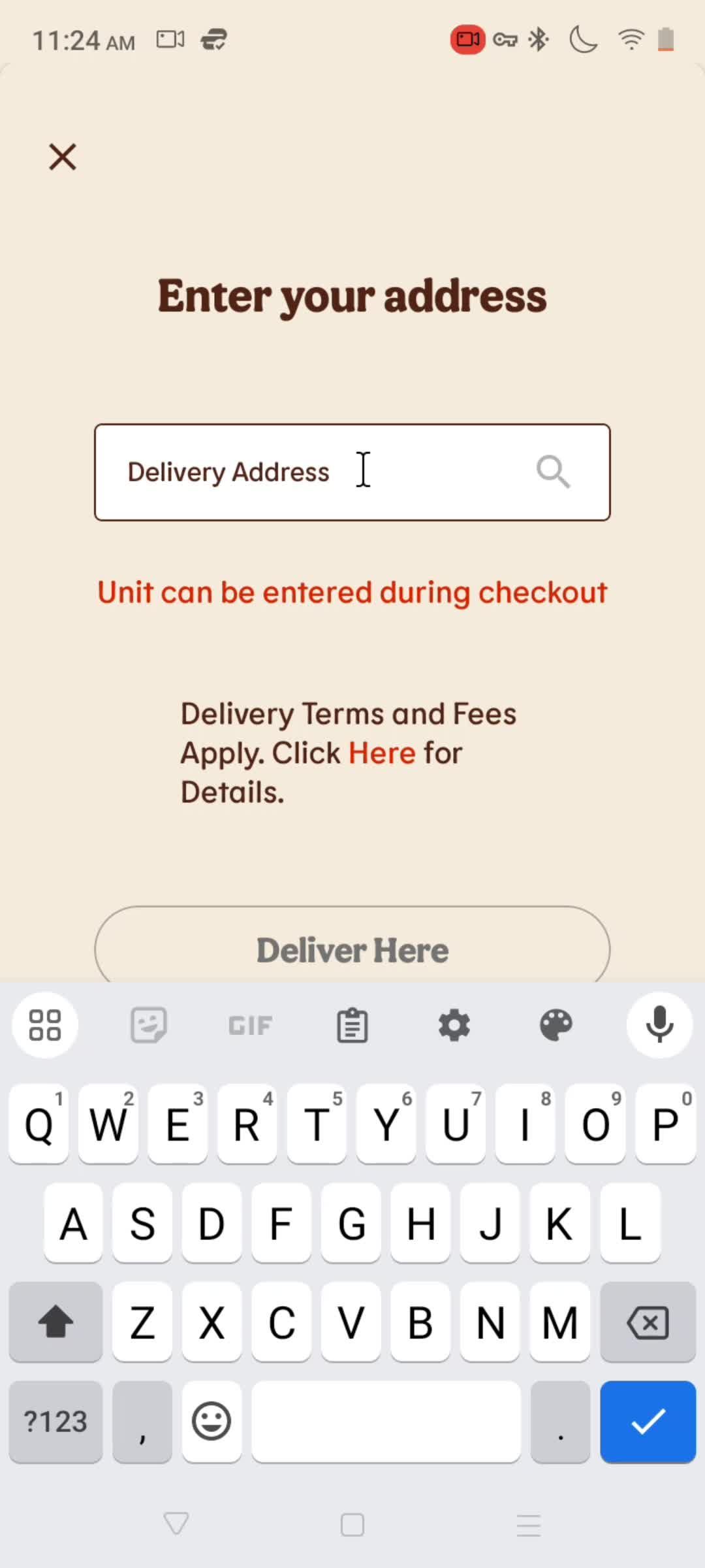 Adding a delivery address screenshot