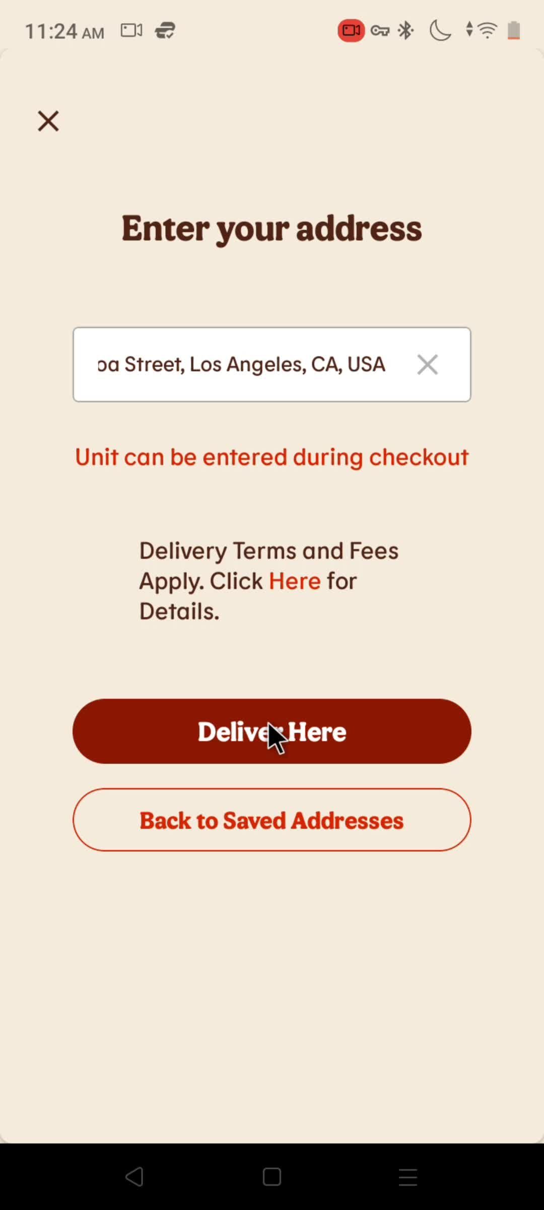 Adding a delivery address screenshot