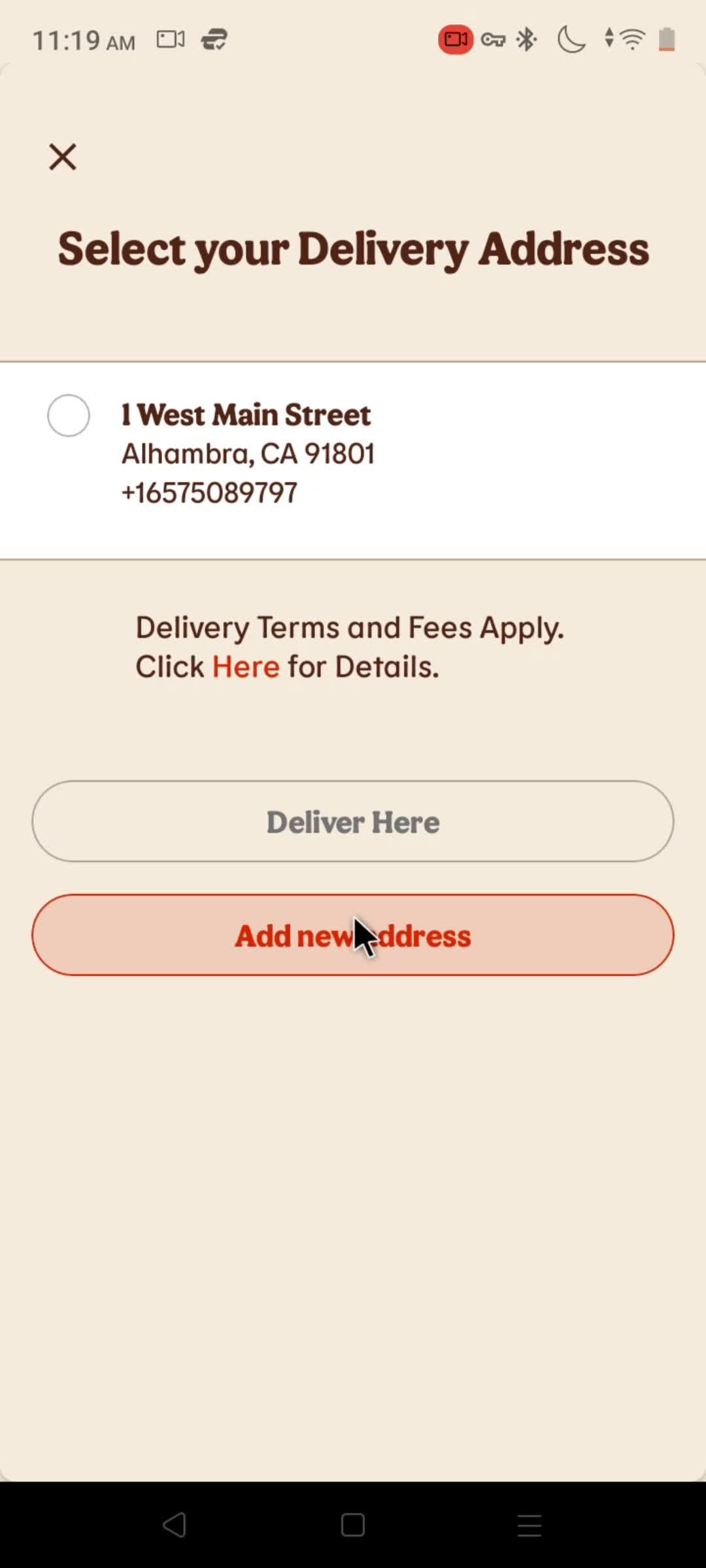 Adding a delivery address screenshot