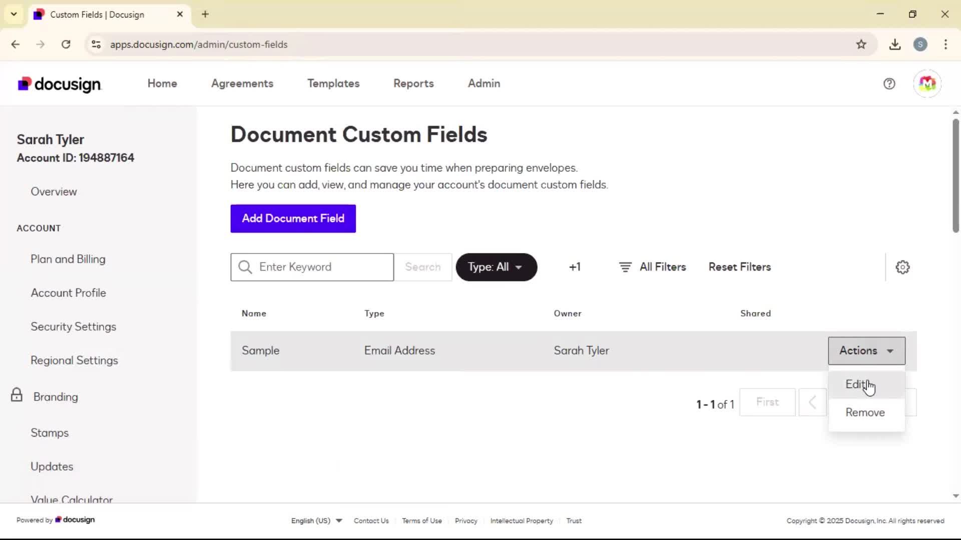 Adding document field on Docusign video thumbnail