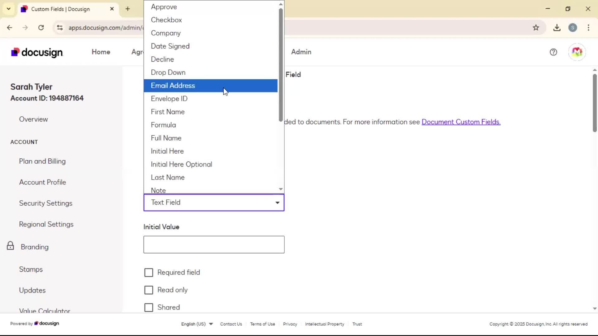 Adding document field on Docusign video thumbnail