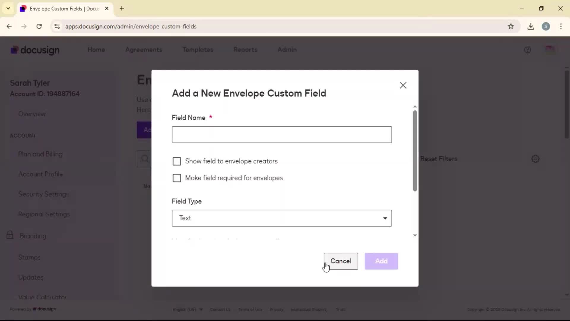 Adding envelope custom fields on Docusign video thumbnail