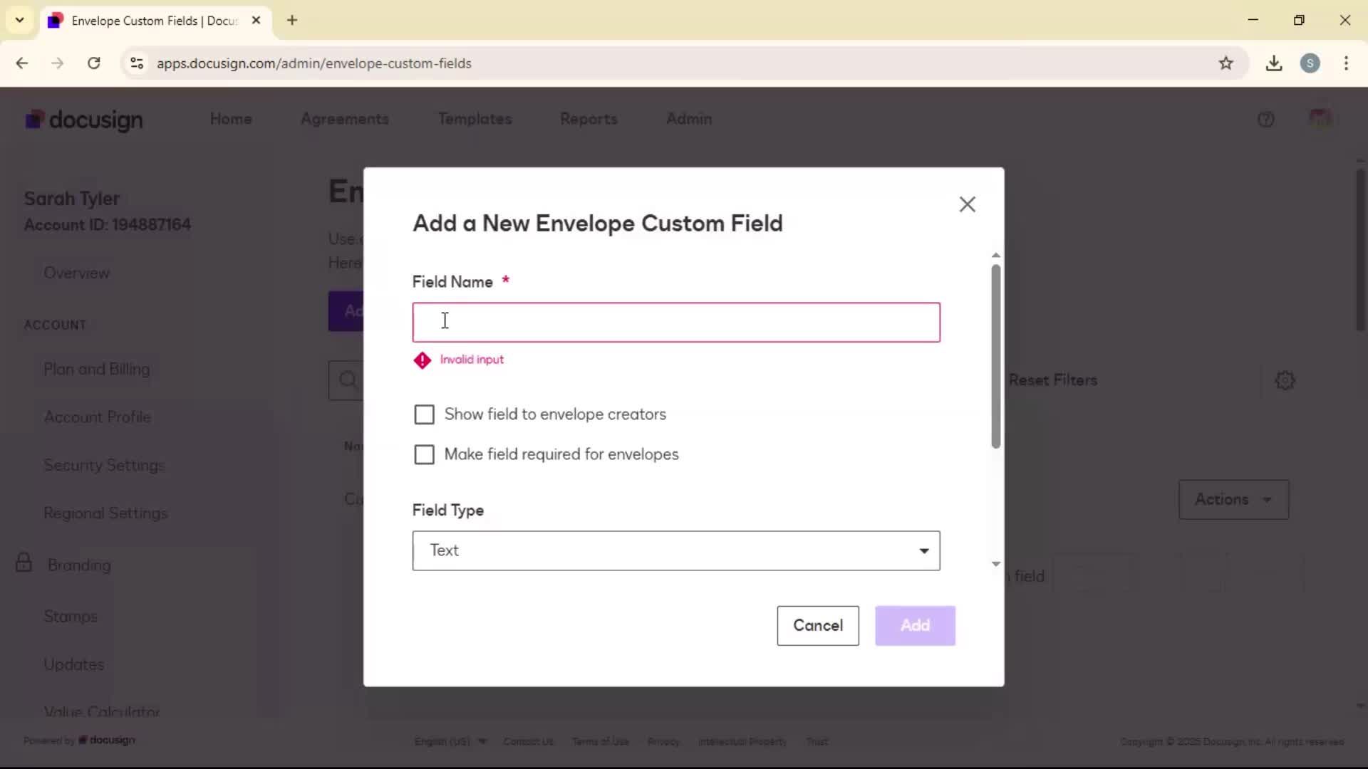 Adding envelope custom fields on Docusign video thumbnail