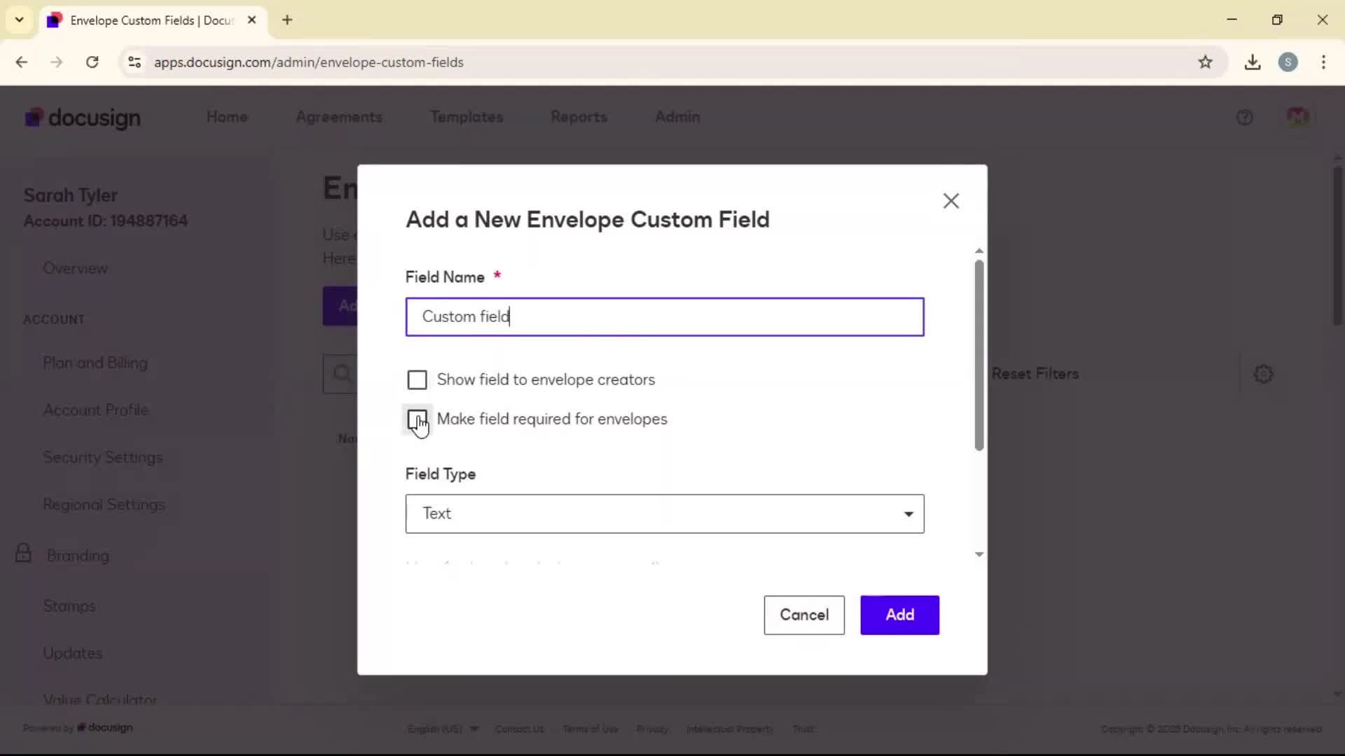 Adding envelope custom fields screenshot