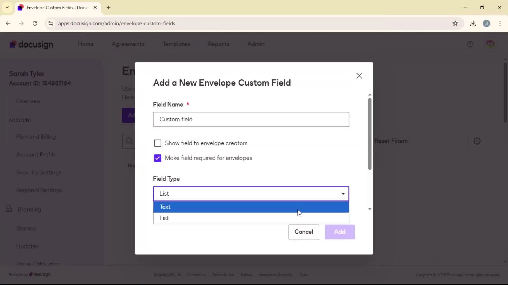 Adding envelope custom fields on Docusign video thumbnail