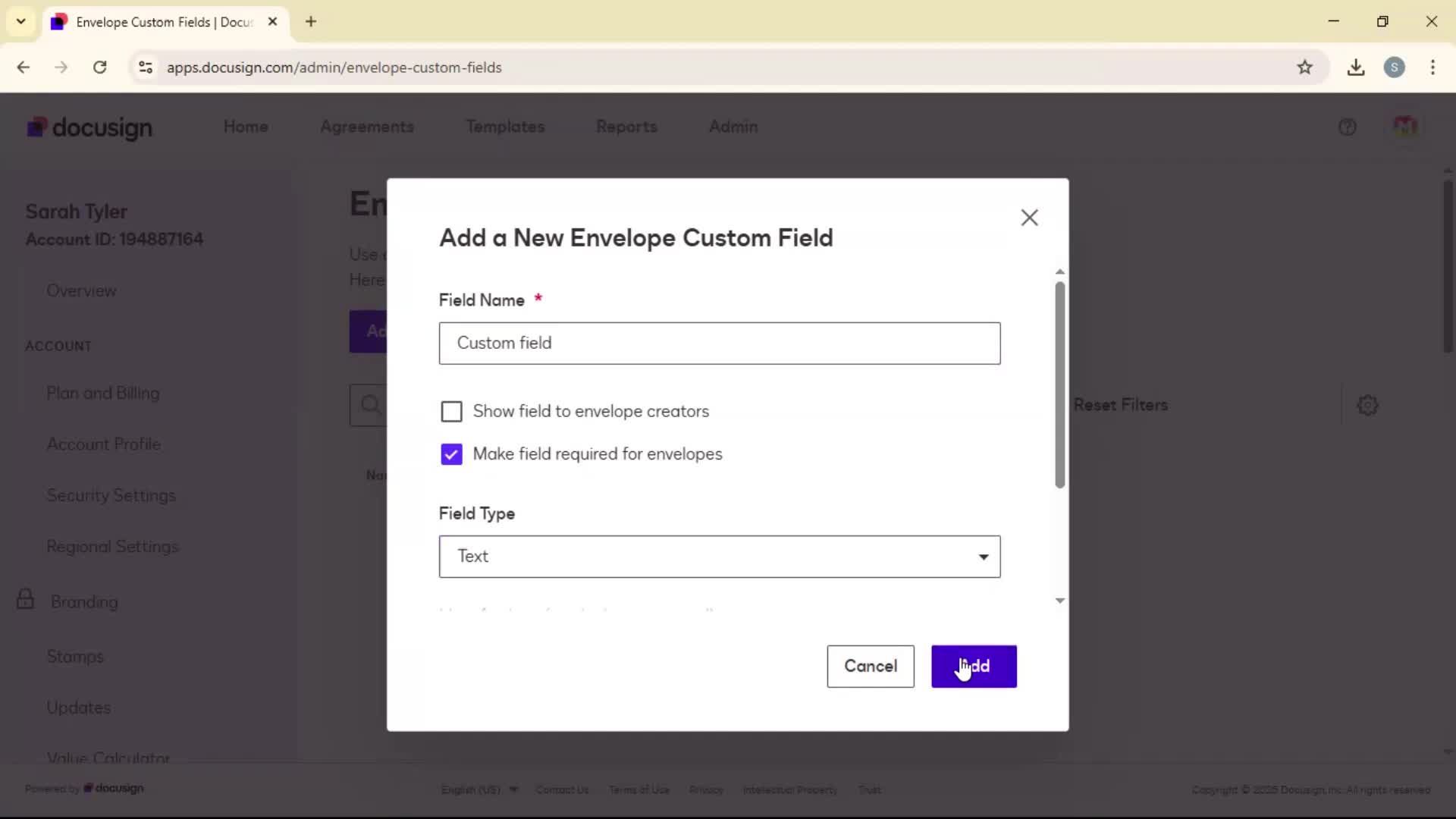Adding envelope custom fields screenshot