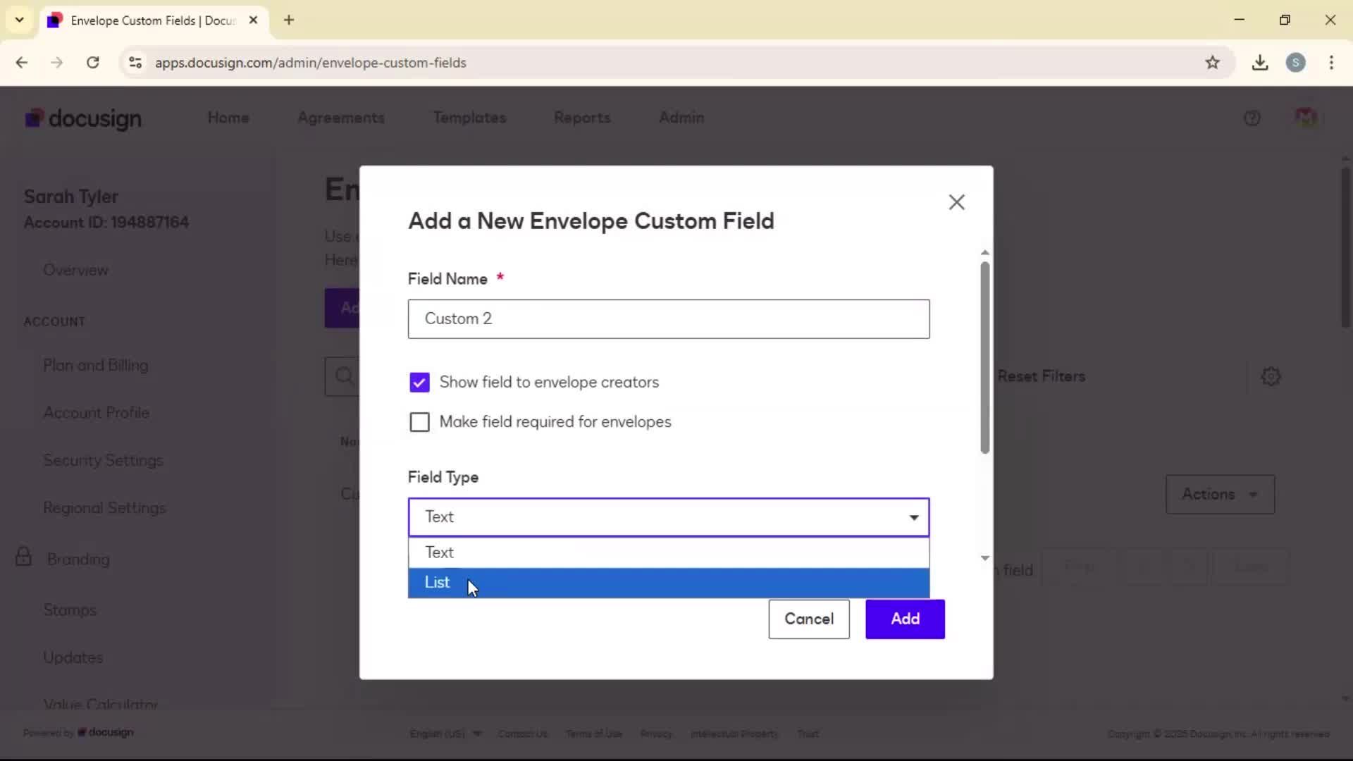 Adding envelope custom fields on Docusign video thumbnail
