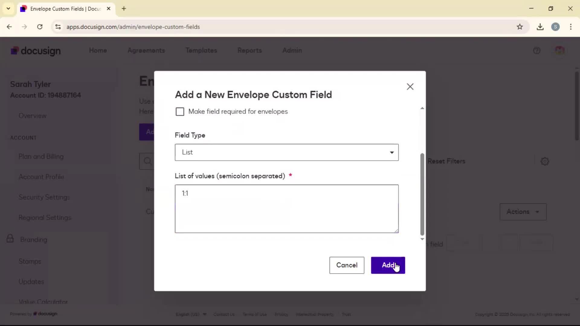 Adding envelope custom fields screenshot