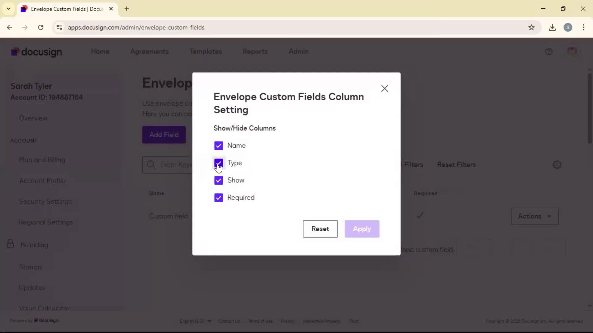 Adding envelope custom fields on Docusign video thumbnail