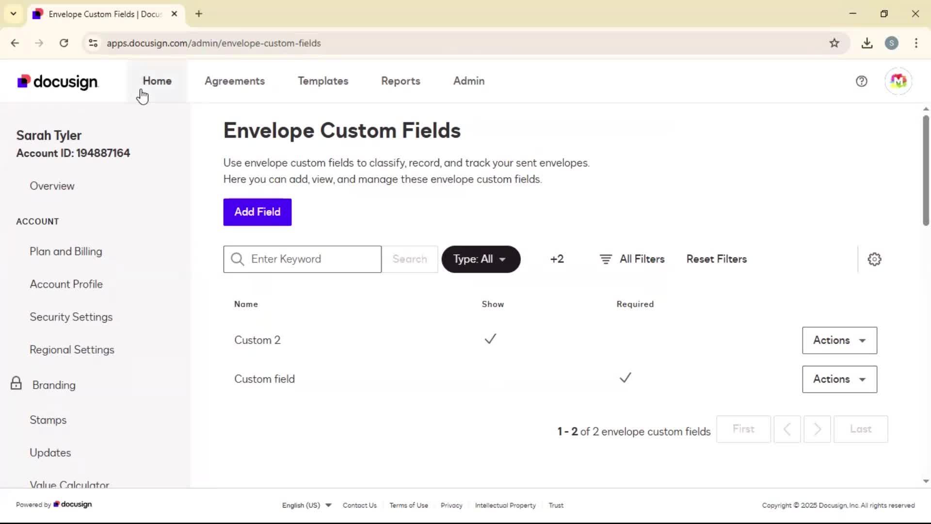 Adding envelope custom fields on Docusign video thumbnail