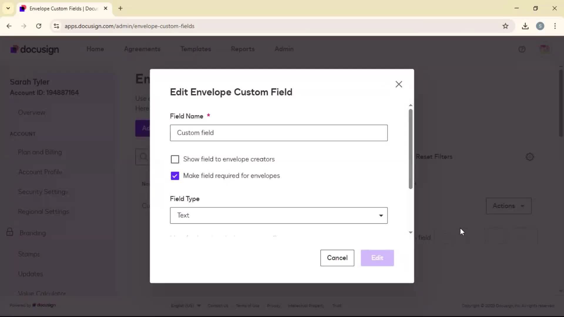 Adding envelope custom fields screenshot