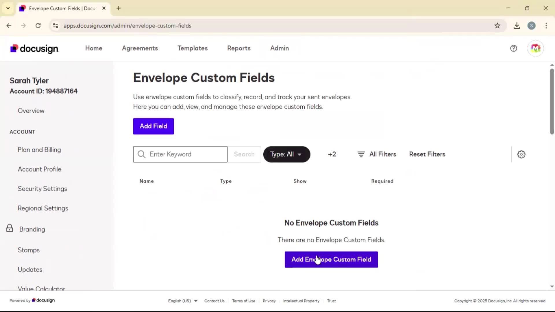 Adding envelope custom fields screenshot