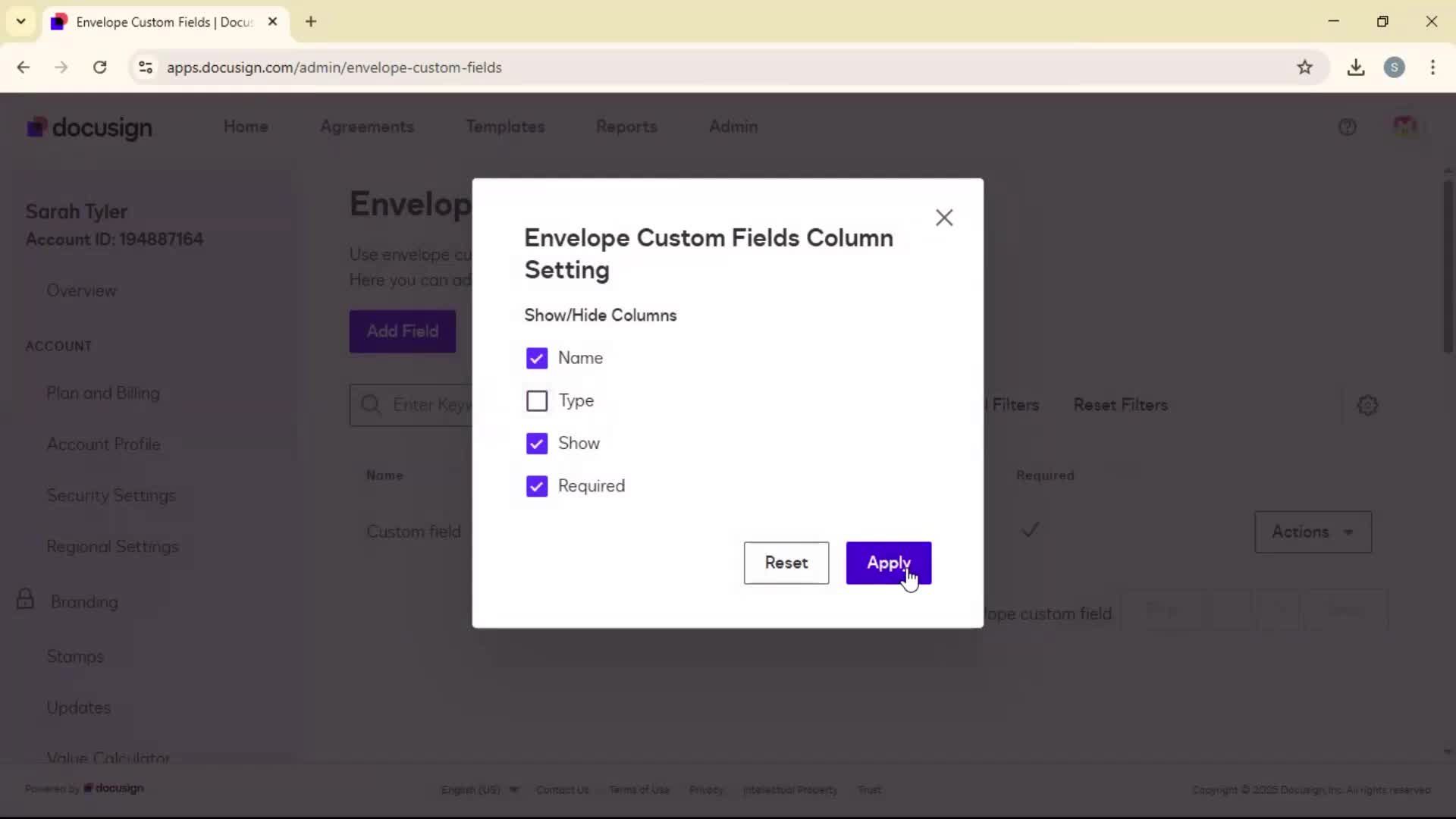 Adding envelope custom fields screenshot