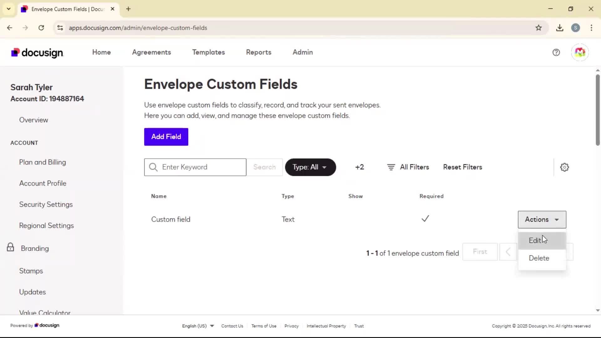 Adding envelope custom fields screenshot