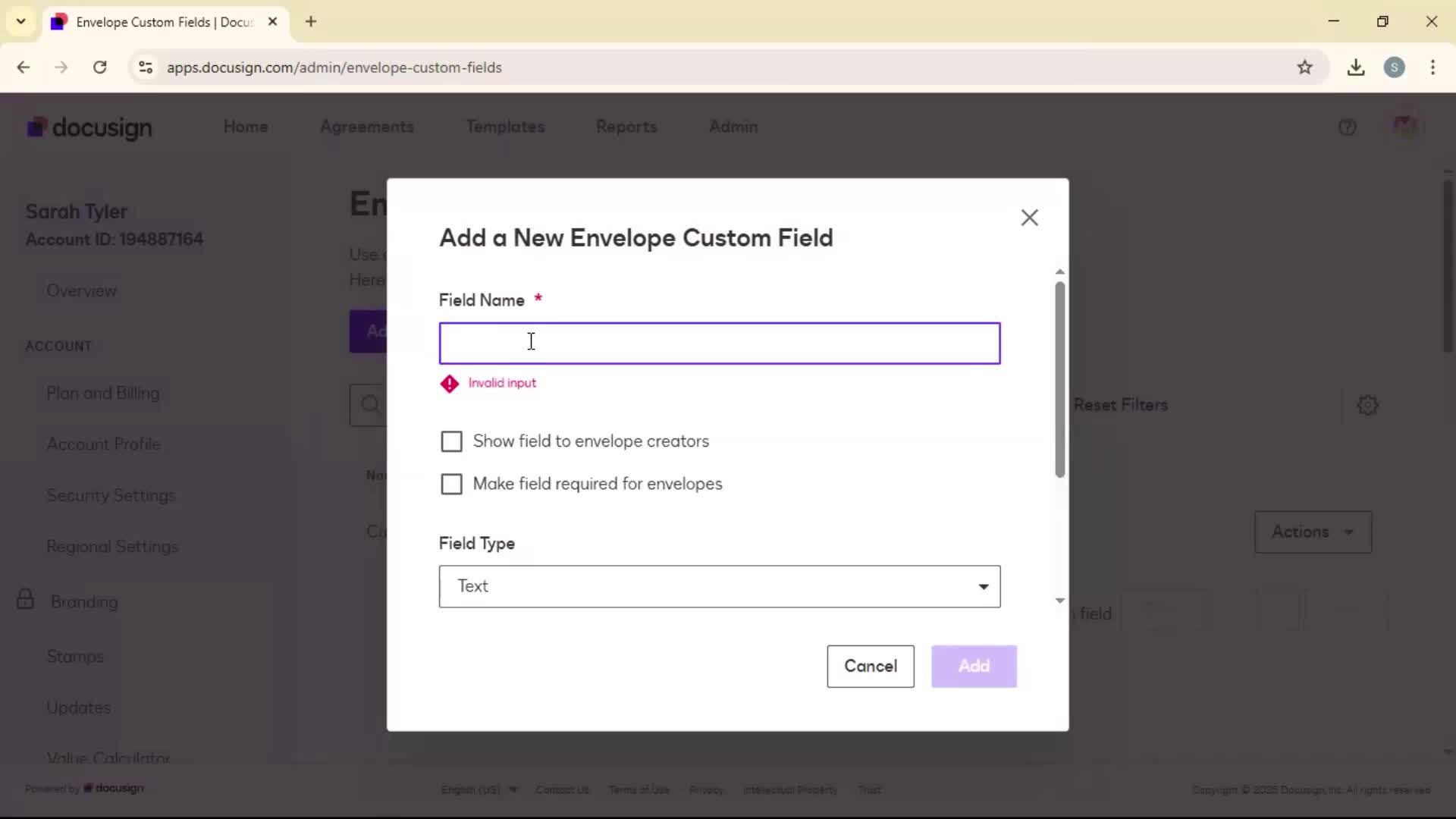 Adding envelope custom fields on Docusign video thumbnail