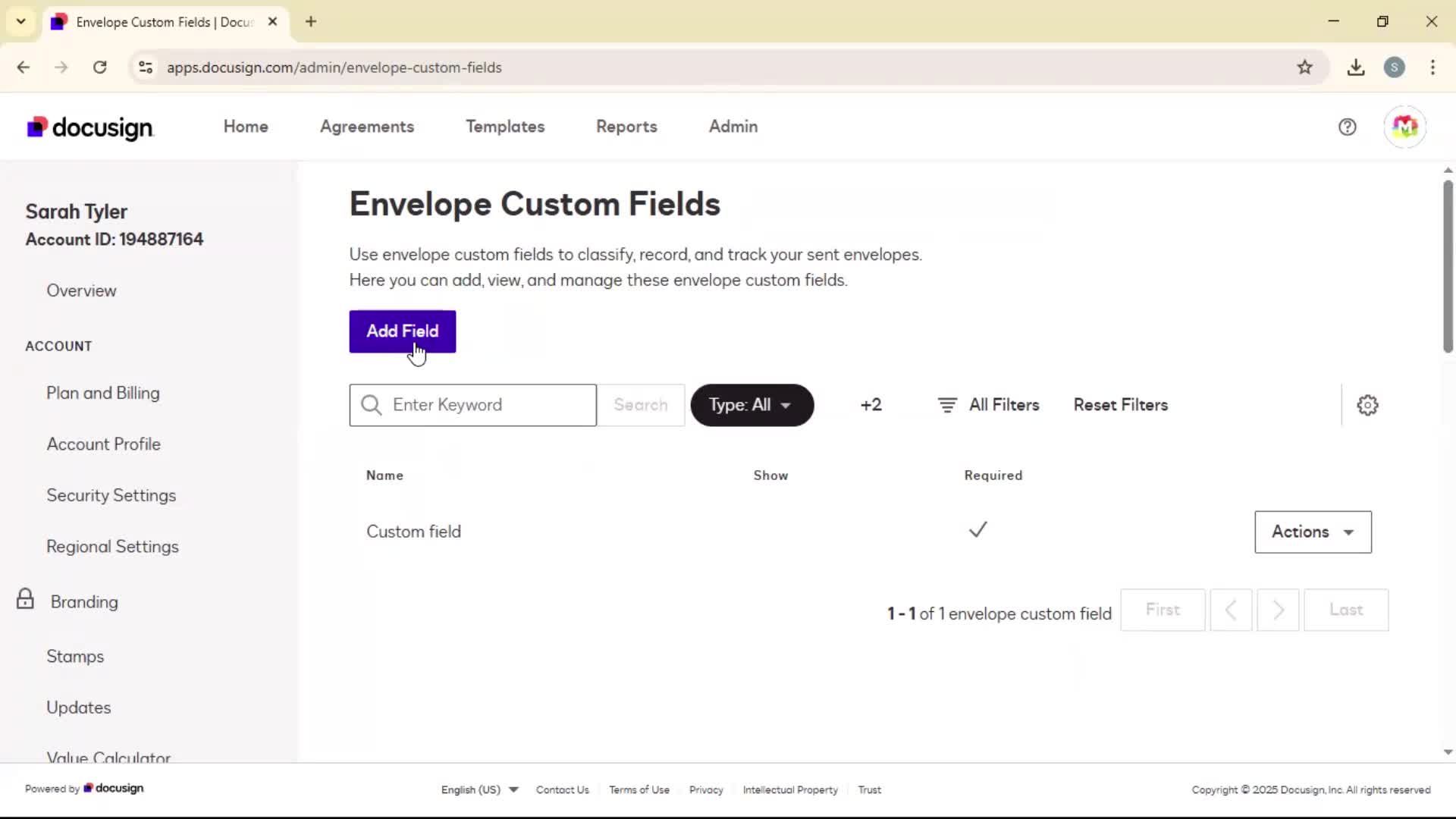 Adding envelope custom fields screenshot
