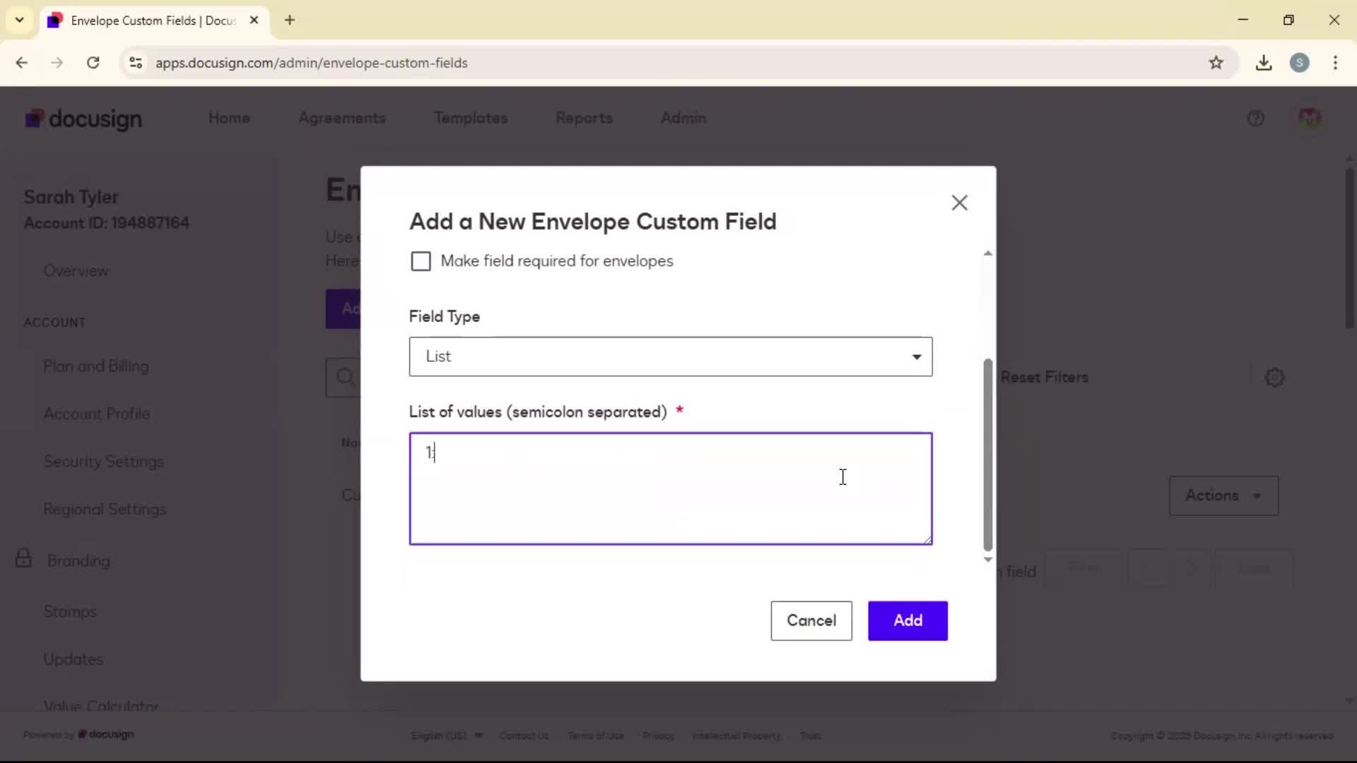Adding envelope custom fields screenshot