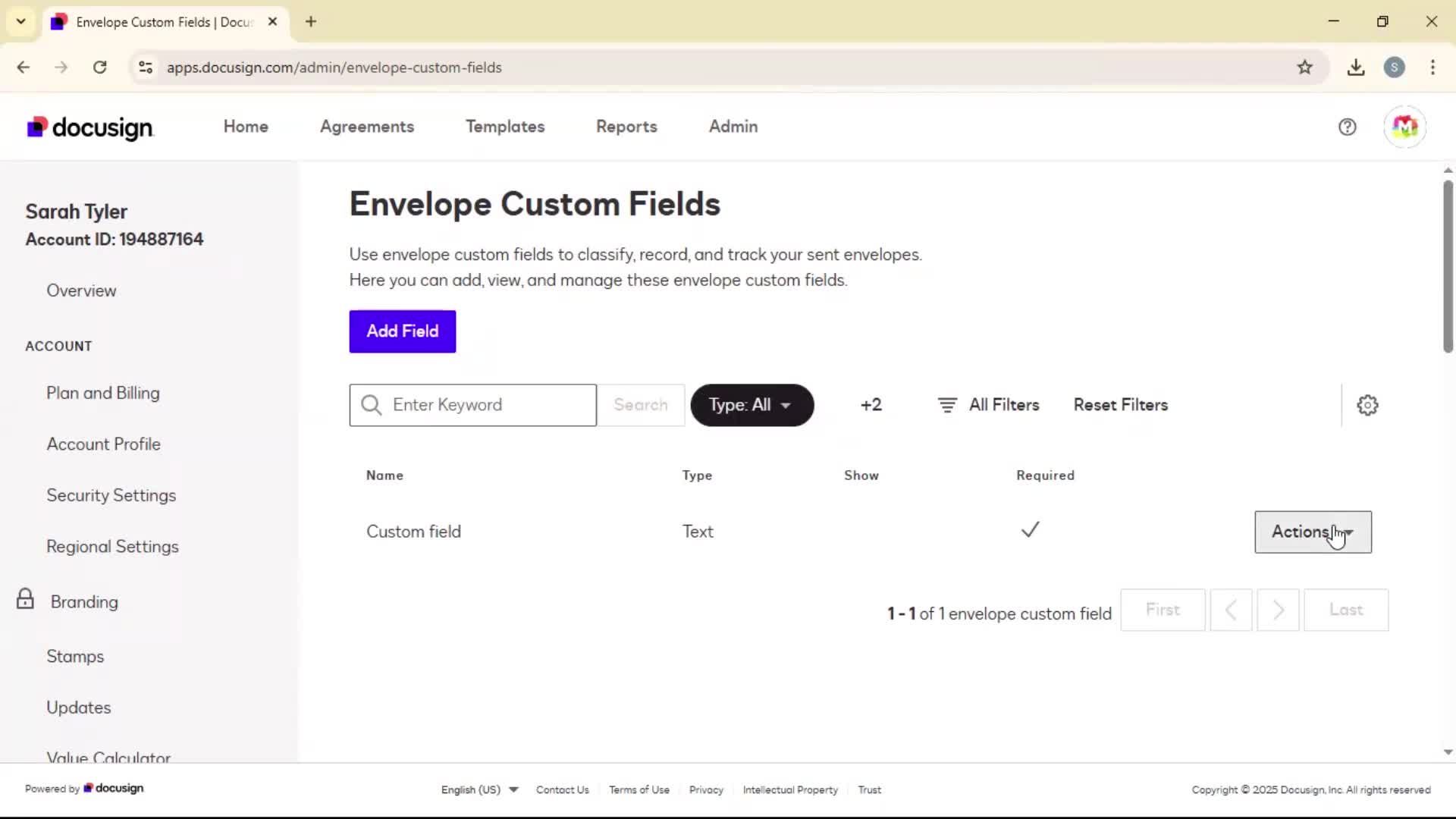 Adding envelope custom fields on Docusign video thumbnail
