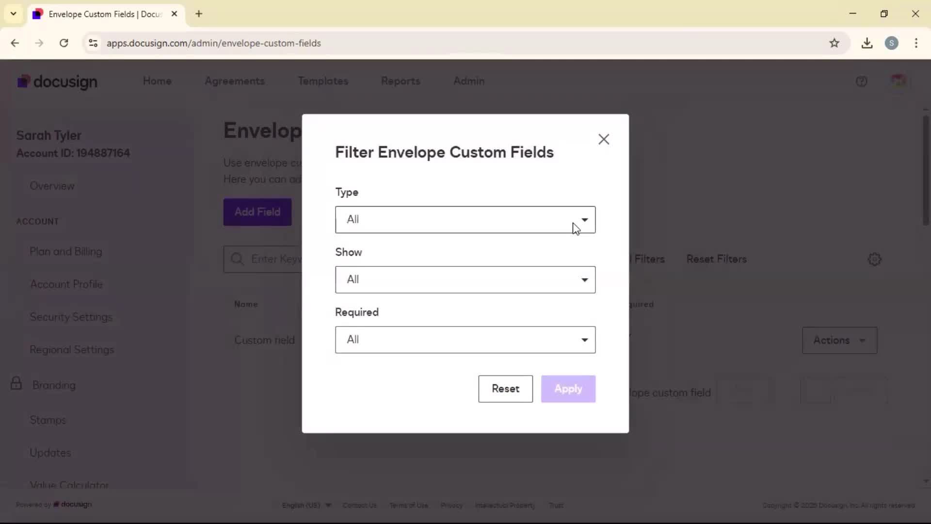 Adding envelope custom fields on Docusign video thumbnail