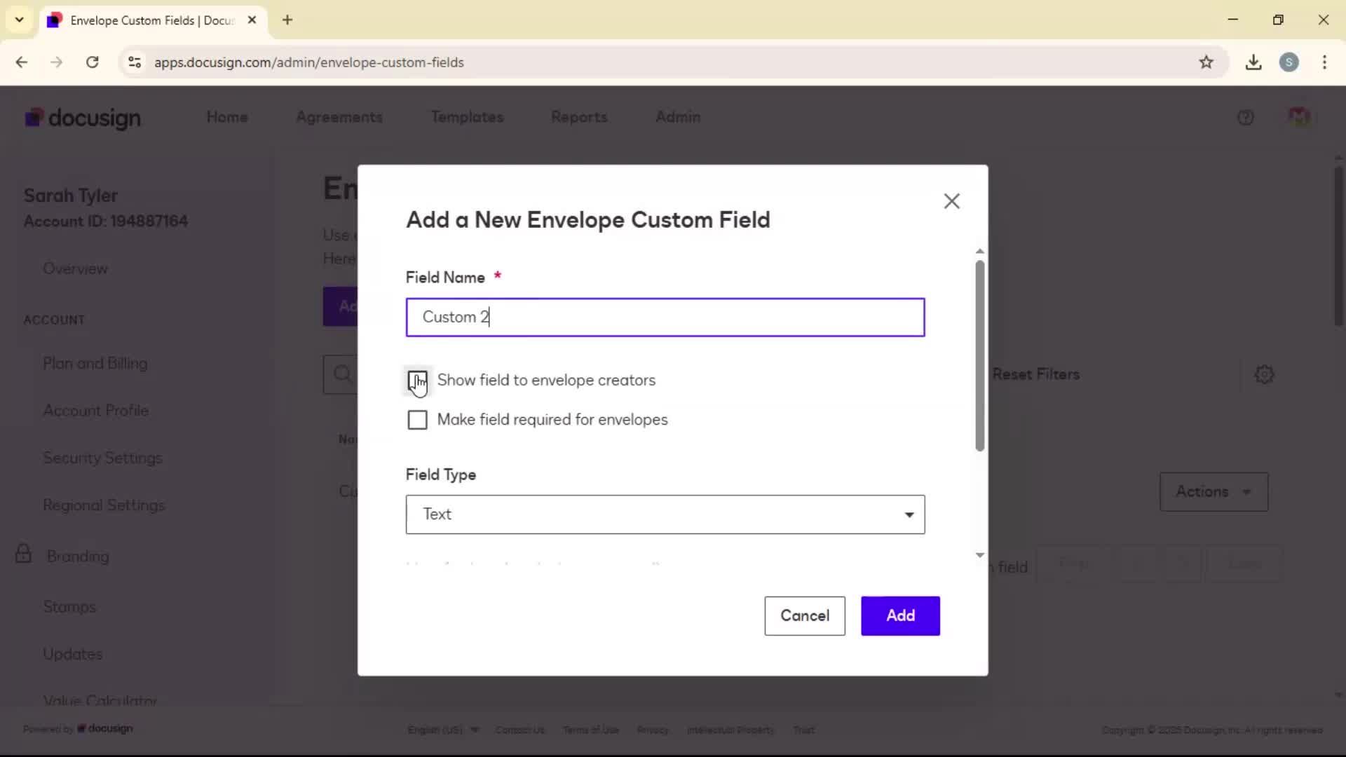 Adding envelope custom fields screenshot