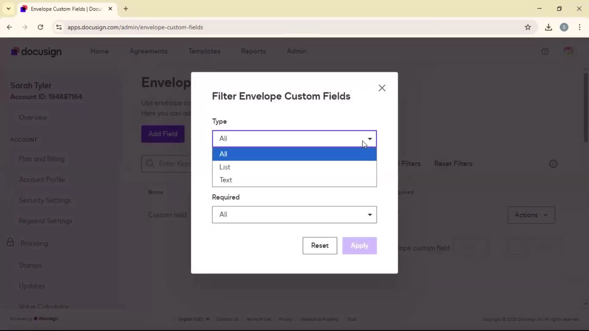 Adding envelope custom fields screenshot