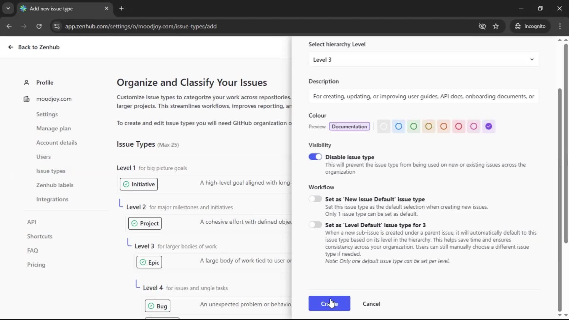 Adding an issue type screenshot