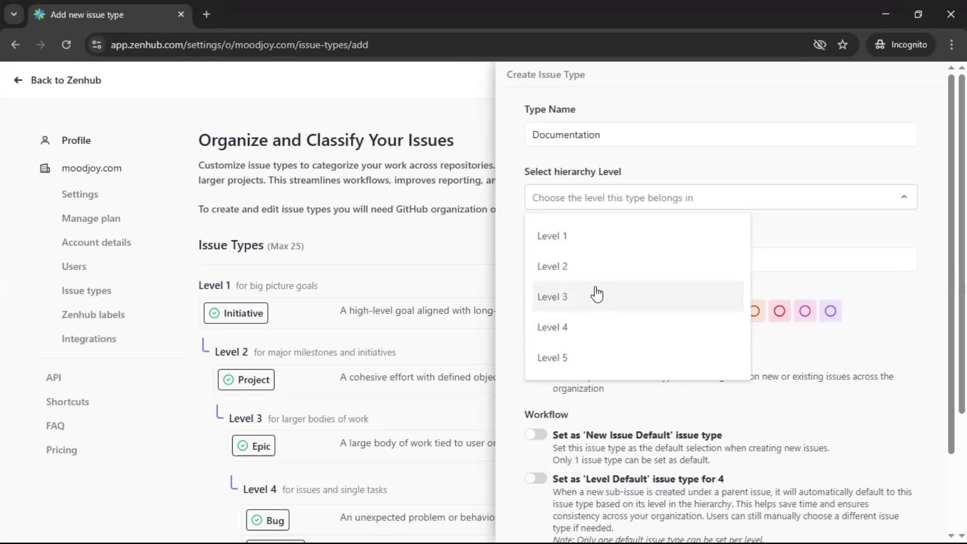 Adding an issue type screenshot