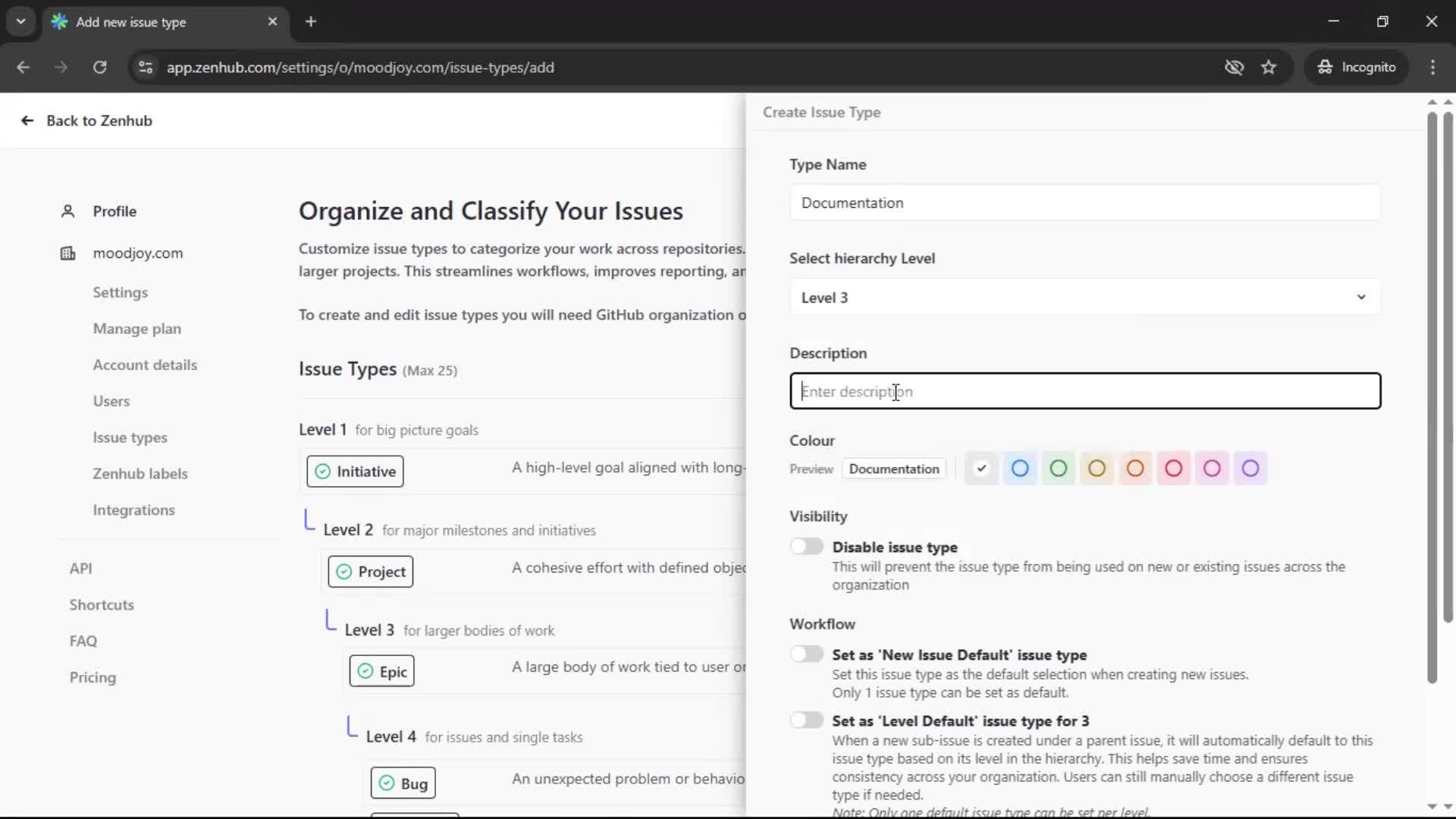 Adding an issue type screenshot