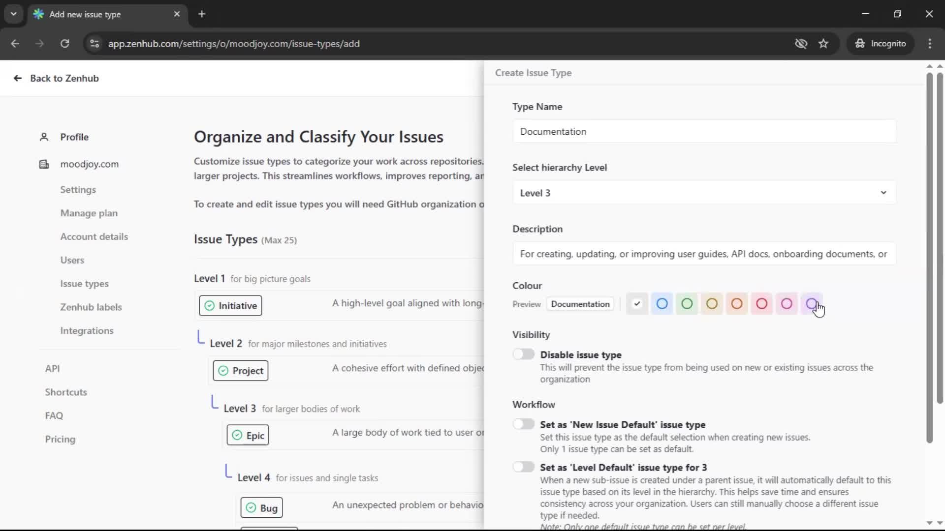 Adding an issue type screenshot