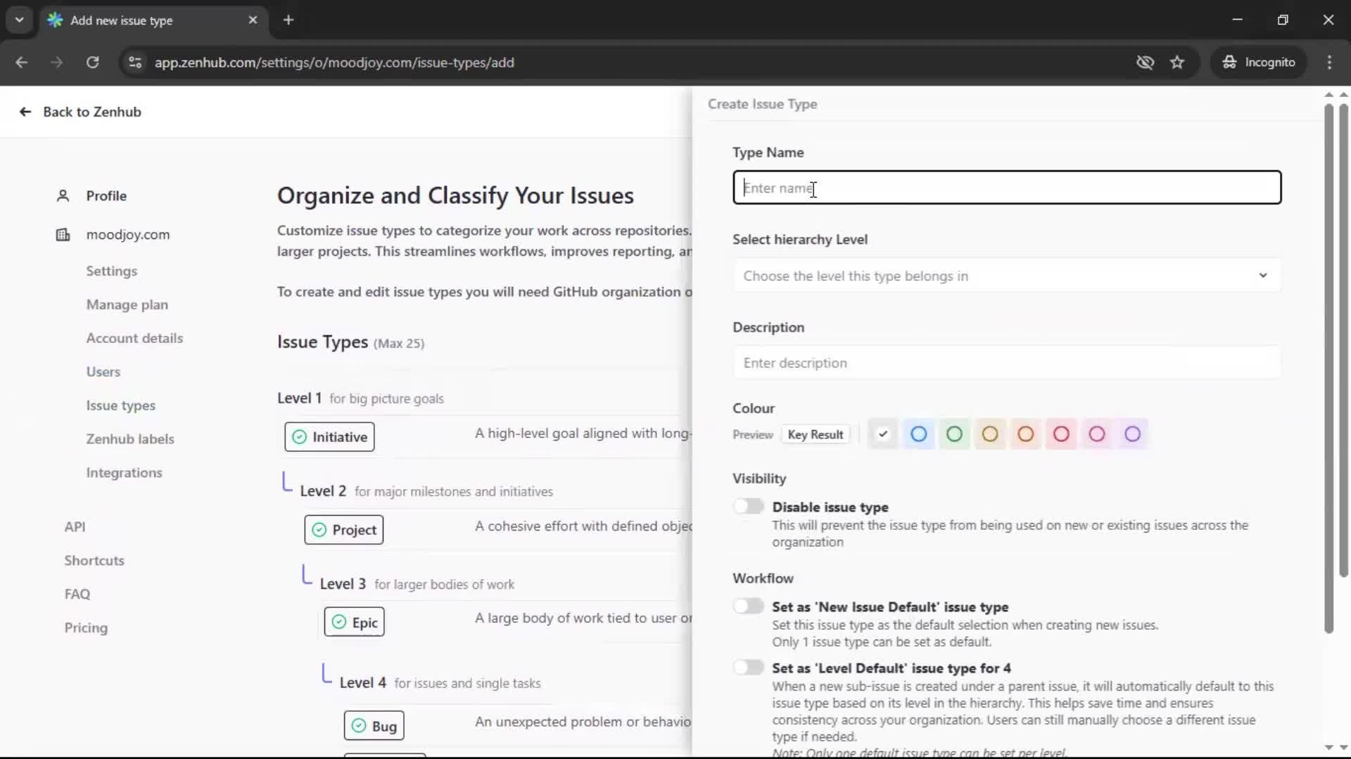 Adding an issue type screenshot