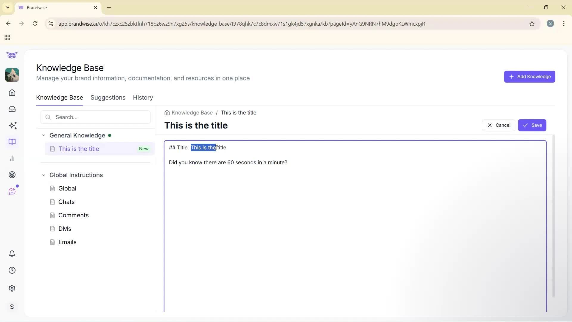 Creating a knowledge base screenshot